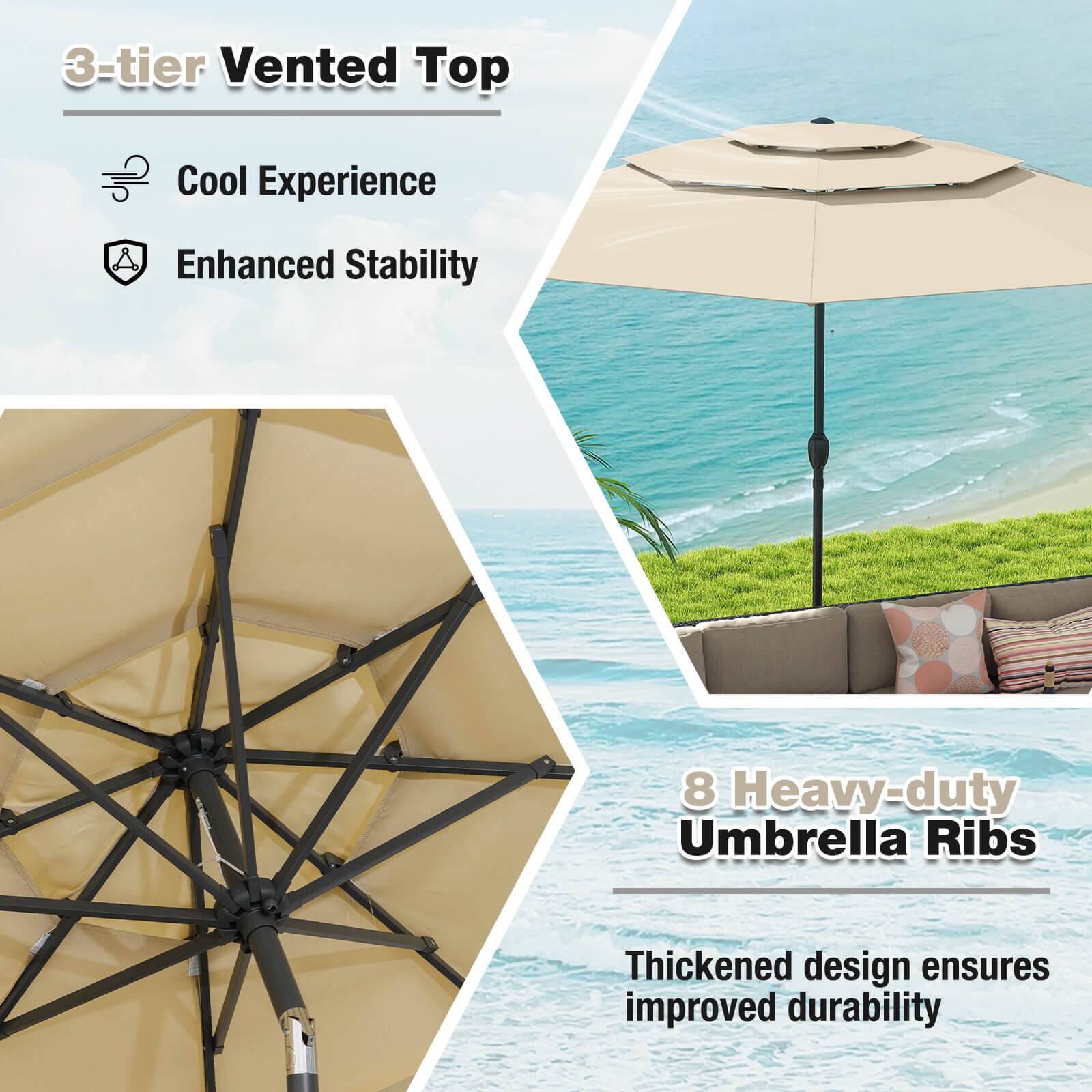 3-tier Vented Top
Cool Experience
Enhanced Stability
8 Heavy-duty Umbrella Ribs
Thickened design ensures improved durability