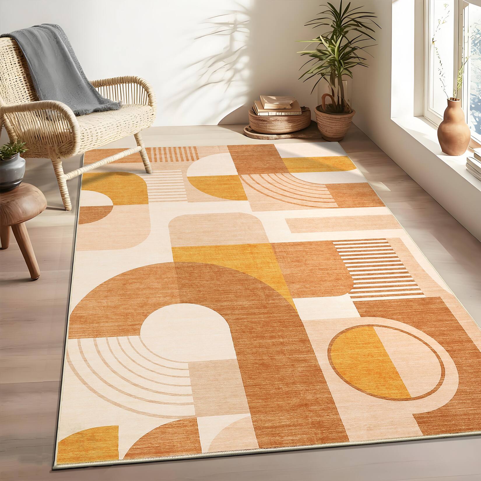 Alt View 6. Acekool - Modern Geometric Area Rug for Bedroom Non Slip Non Shedding Machine Washable Low Pile Carpet for Living Room Bathroon - Orange.