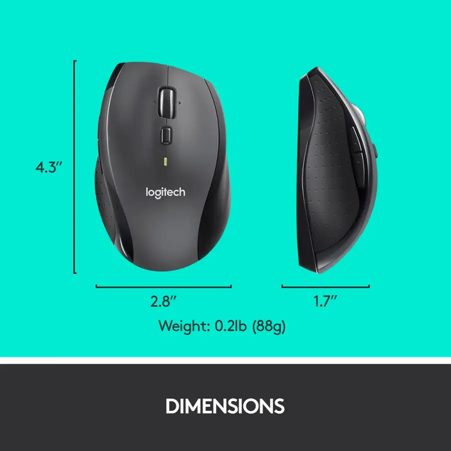 The image shows a Logitech mouse and a mouse pad. The mouse is 4.3 inches long and 2.8 inches wide, with a weight of 0.2 pounds (88 grams). The dimensions of the mouse pad are 1.7 inches long.