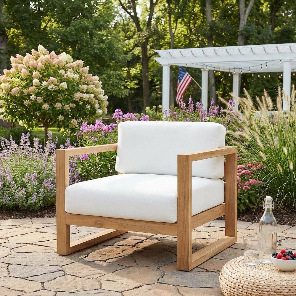 Left. Outdoor Escape - Teak Outdoor Lounge Armchair With Cushioned Seat And Armrests - White.