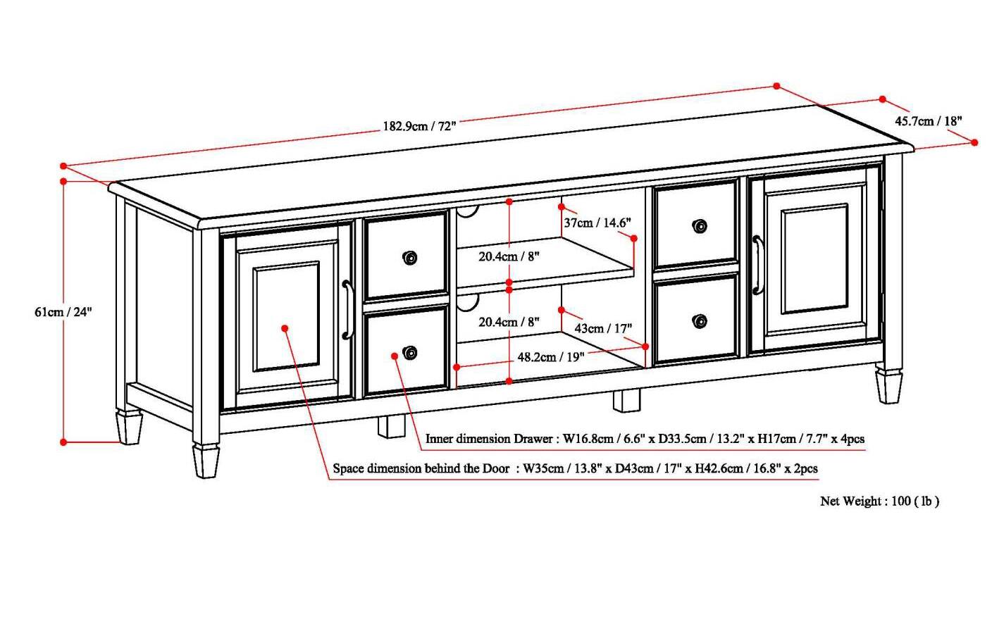 The image shows a table with a drawer and a door. The table is 182.9 cm (72 inches) long. The drawer is 61 cm (24 inches) long, and the door is 43 cm (17 inches) wide. The inner dimension of the drawer is 16.8 cm (6.6 inches) wide, 33.5 cm (13.2 inches) deep, and 17 cm (7.7 inches) high. The space behind the door is 35 cm (13.8 inches) wide, 43 cm (17 inches) deep, and 42.6 cm (16.8 inches) high. The net weight of the table is 100 kg (100 pounds).