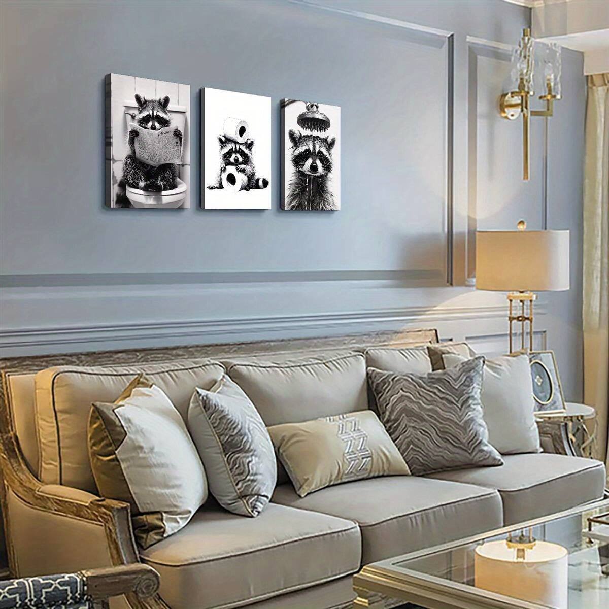 Alt View 3. blue - 3pcs Waterproof Canvas Poster - Wooden Framed Black and White Raccoon Under Shower Art - Bedroom Office Living Room Caf - Color:12*8inch(30*20cm).