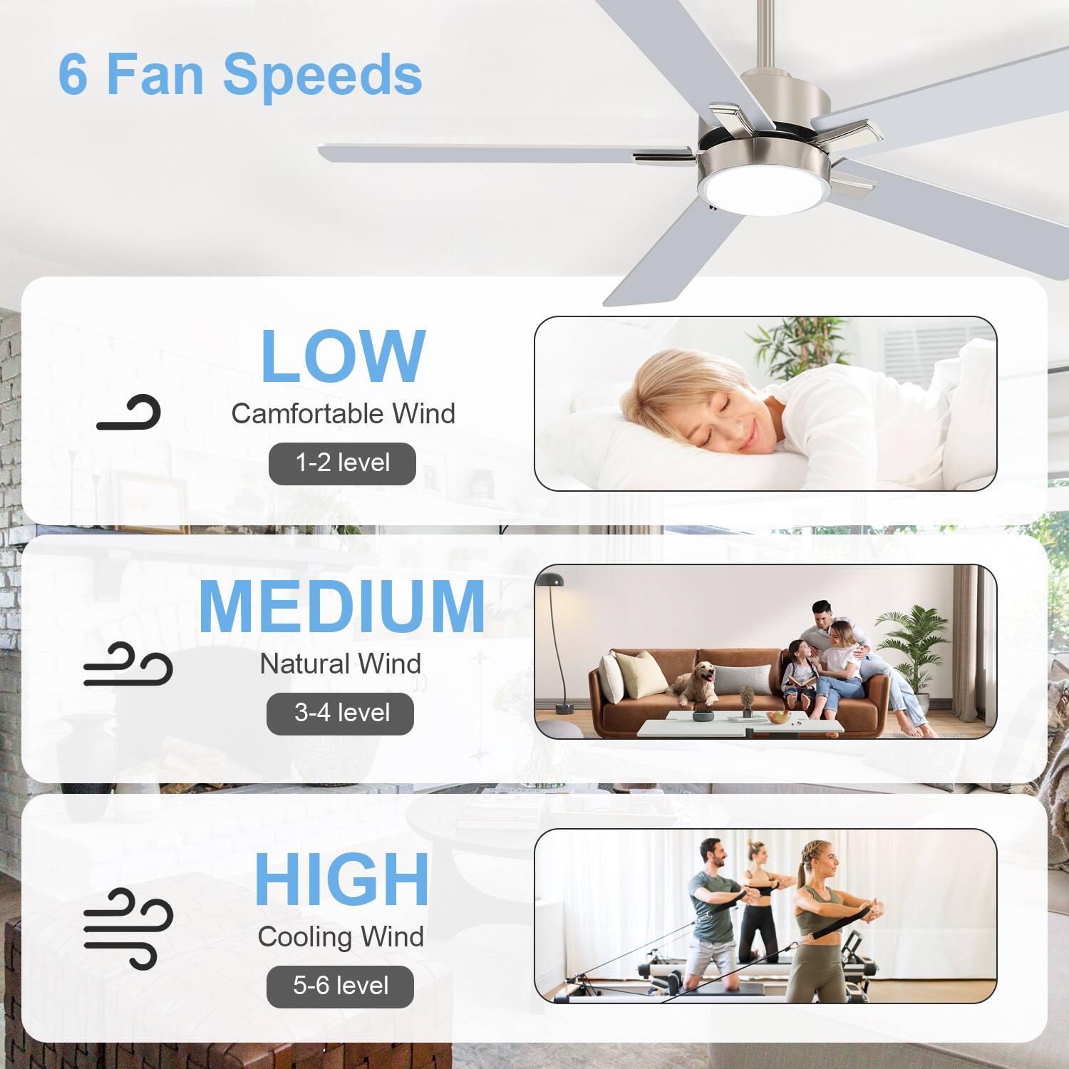 6 Fan Speeds

LOW  
Comfortable Wind  
1-2 level

MEDIUM  
Natural Wind  
3-4 level

HIGH  
Cooling Wind  
5-6 level