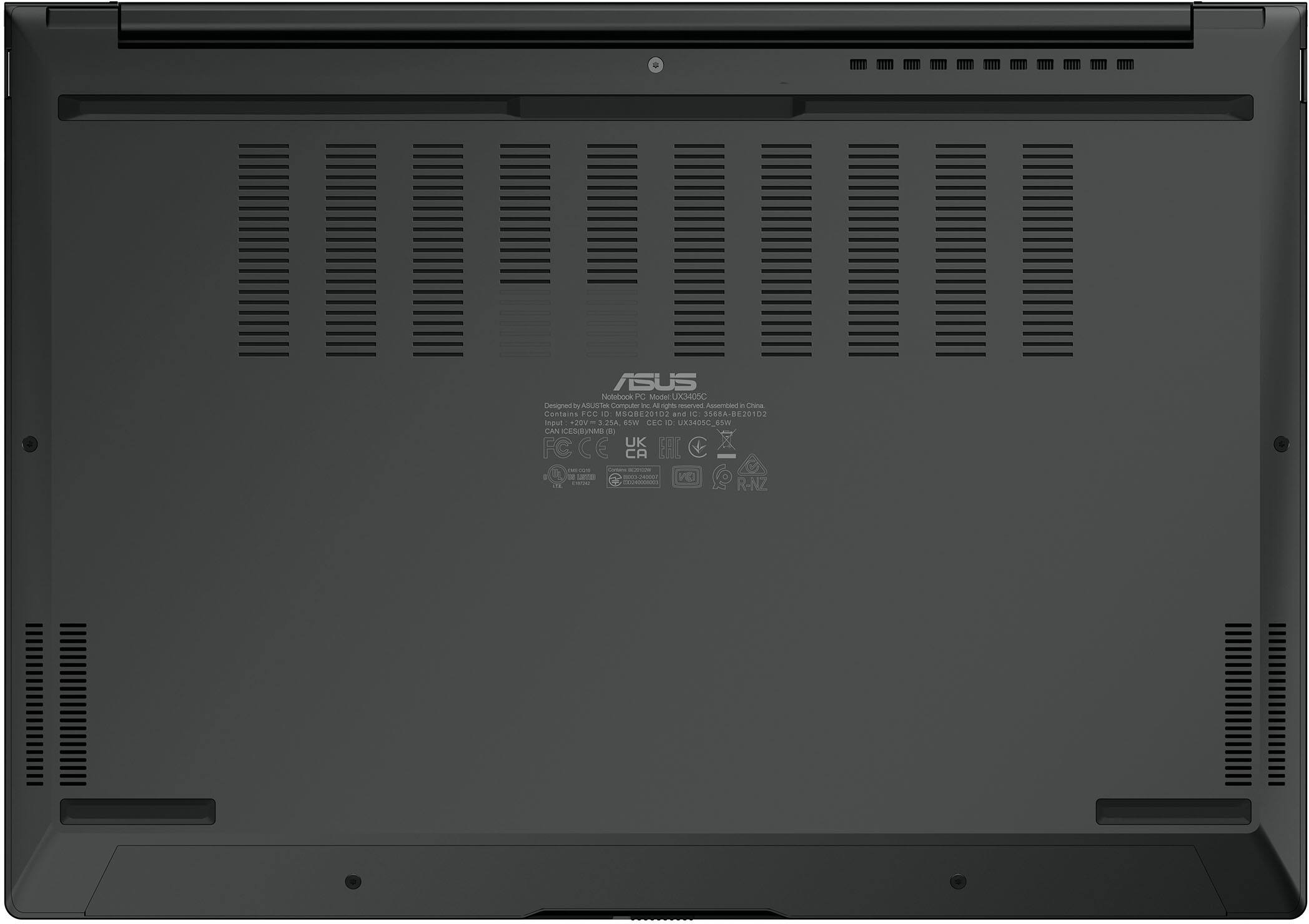 ASUS Notebook PC Model UX340SC  
Designed by ASUS Computer Inc.  
Chia  
Contains FCC ID: MS08201D2 and IC: 3368A-B20102  
Input: 100-240V ~ 2.5A 50/60Hz, CE ID: UX34050C-65W  

FC  
CE  
UK  
EAC  
R-NZ  

ASUS