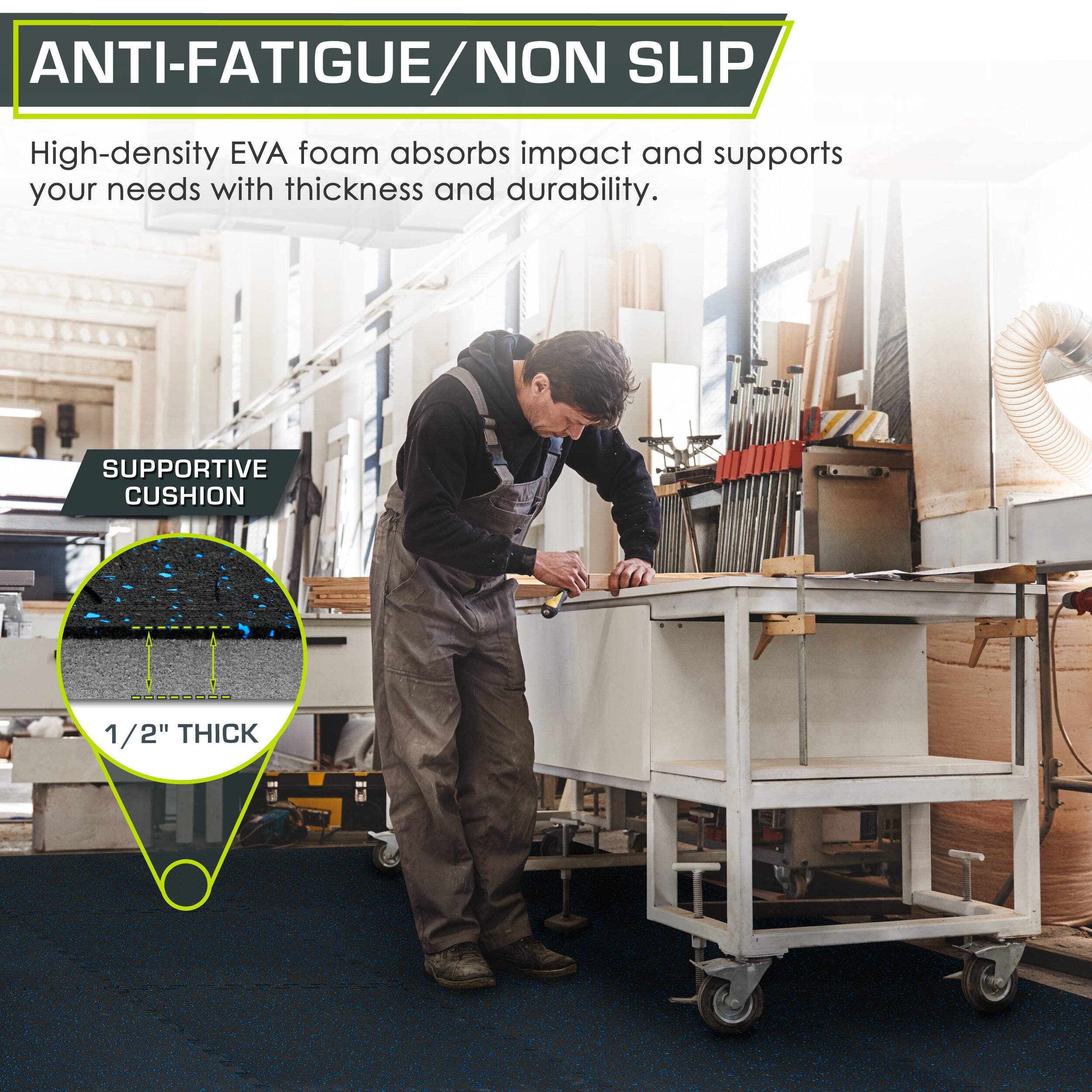 The corrected text from the image is:

"ANTI-FATIGUE/NON SLIP
High-density EVA foam absorbs impact and supports your needs with thickness and durability.
SUPPORTIVE CUSHION
1/2" THICK"