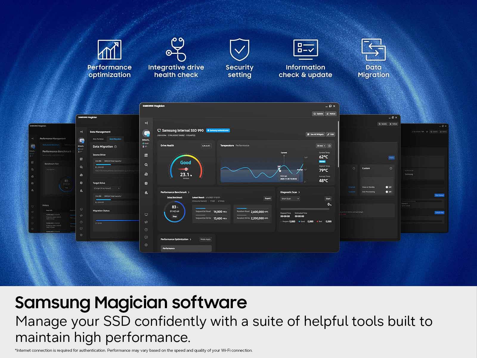 Performance Integrative drive optimization health check Security setting Information check & update Data Migration Hoglkon - - - - . + +l Buts Maagemest Samsung Internal SSD P90  i -e  Purtumancs # Data Higration Su Sle - - Good SRAR nopeors 62C . 4s Tacoad Bie 23.1 79C 48C & Ratococcs Beochanas . Diagnostic Sean i - - 83 SA 14,800 - 13,400 2,600,000 ,200,000 - - 2,000 1,000 0 0,200 Penfurmance n Roaos Samsung Magician software Manage your SSD confidently with a suite of helpful tools built to maintain high performance. "Internet connection is required for authentication Performance may vary based on the speed and quality of your WiFi connection
