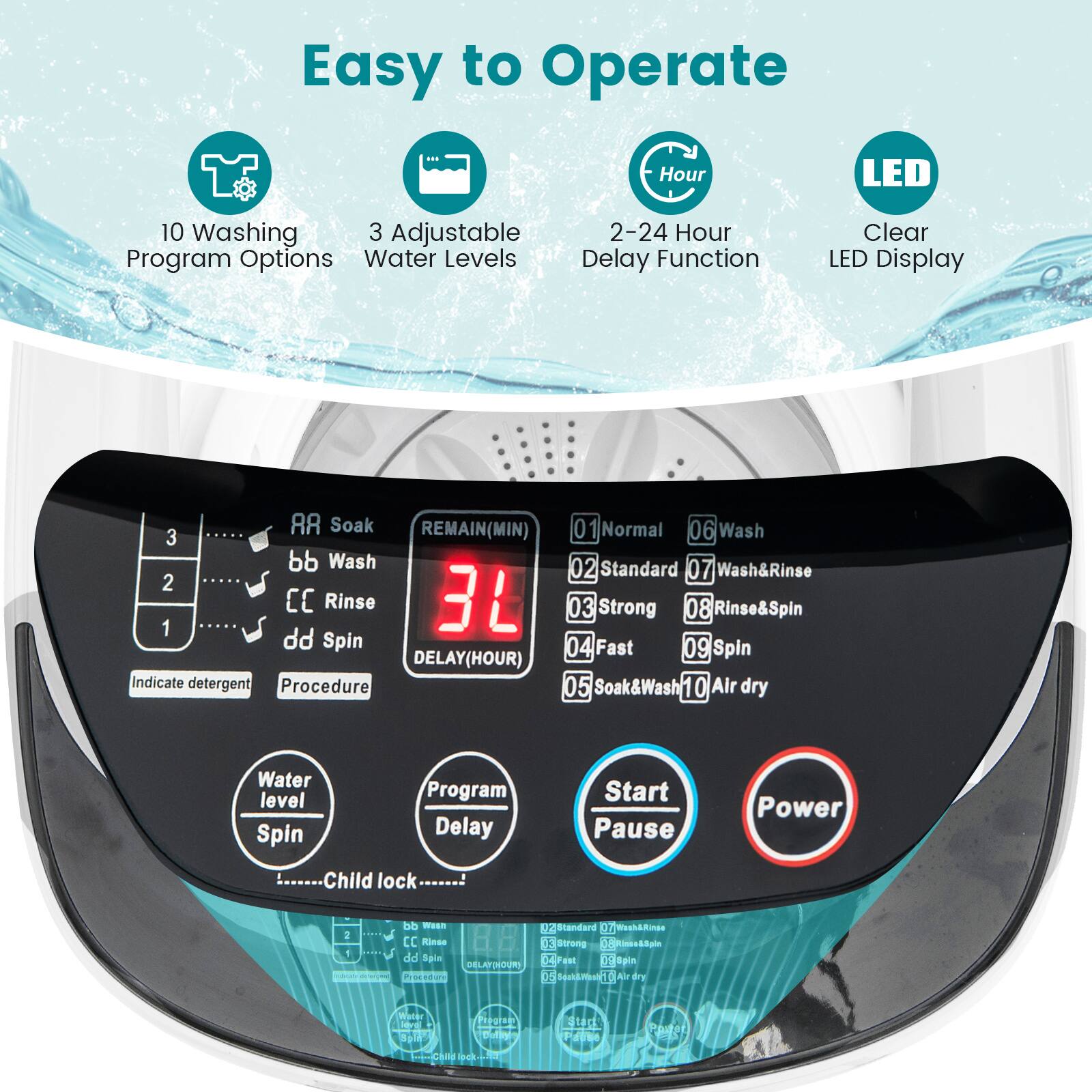 Easy to Operate Hour LED 10 Washing 3 Adjustable Program Options Water Levels 2-24 Hour Delay Function Clear LED Display 8R Soak REMAIN(MIN) Normal 06 Wash 3 bb Wash 02 Standard 07 Wash&Rinse 2 1 CC Rinse 3L 03 Strong 08 Rinse&Spin dd Spin 04 Fast 09 Spin DELAY(HOUR) Indicate detergent Procedure 05 Soak&Wash 10 Air dry Water level Spin Program Delay Start Pause Power Child lock 2 1 J dd WeEN CC Rnse dd Sgin DELAFTEOURS 12 Standard 12 WaghARinas 0 sorong 06 aodpl 14 el 0O spin 15 Humus 1 Ar dry water Hce atal Deinl chubac SLacE Pate Phiter