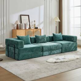 Resenkos - Boneless Modular Sectional Sofa, Convertible Floor Bed with Fixed Frame and Chenille Fabric, Dark Green - Green