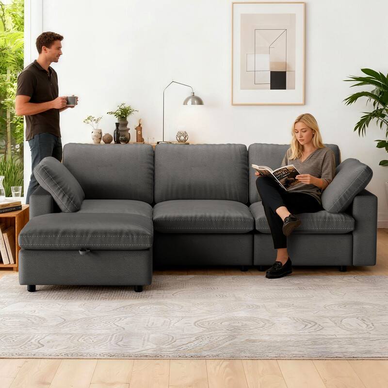 Alt View 3. Dyonery - 100" Faux Leather Couch with Movable Ottoman, 3 Seater L Shaped Mid Century Modern Modular Sectional Couch - Gray.