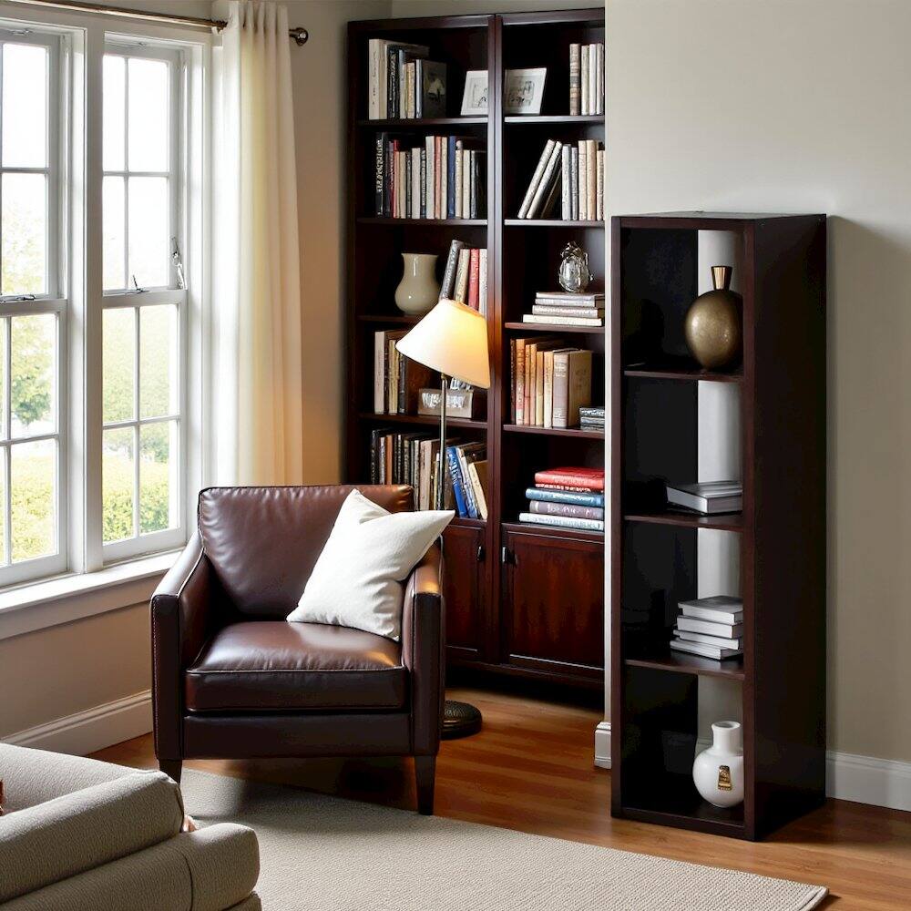 Back. FurniFact - Black Wood 4 Cube Storage Organizer with Open Back Vertical Cube Storage - Dark Oak.