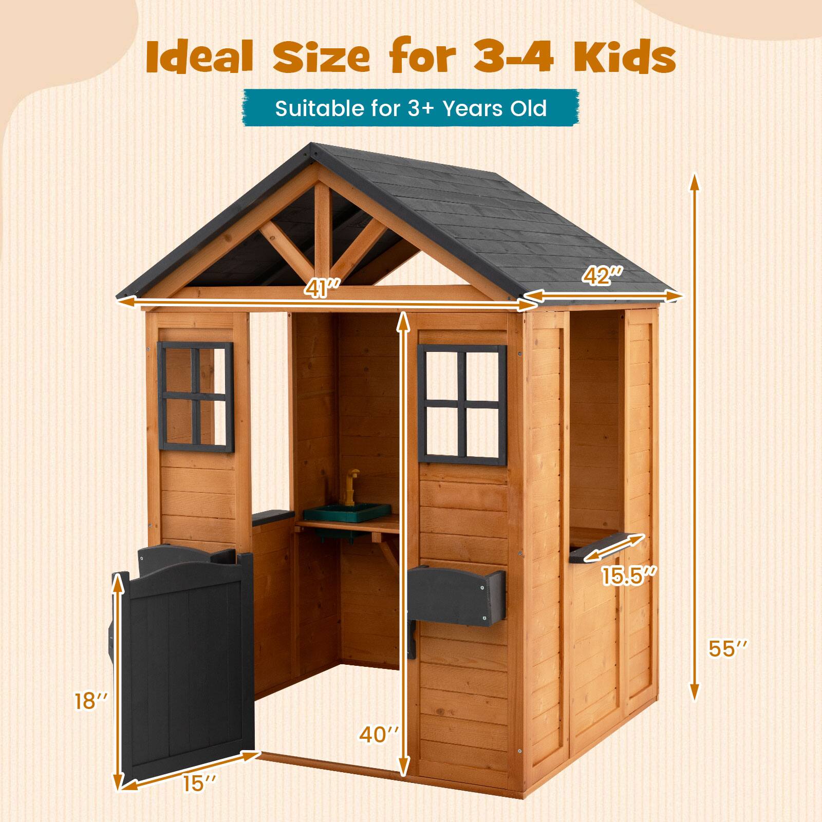 Ideal Size for 3-4 Kids  
Suitable for 3+ Years Old  
41" x 42" x 55"  
15.5" x 18" x 40" x 15"