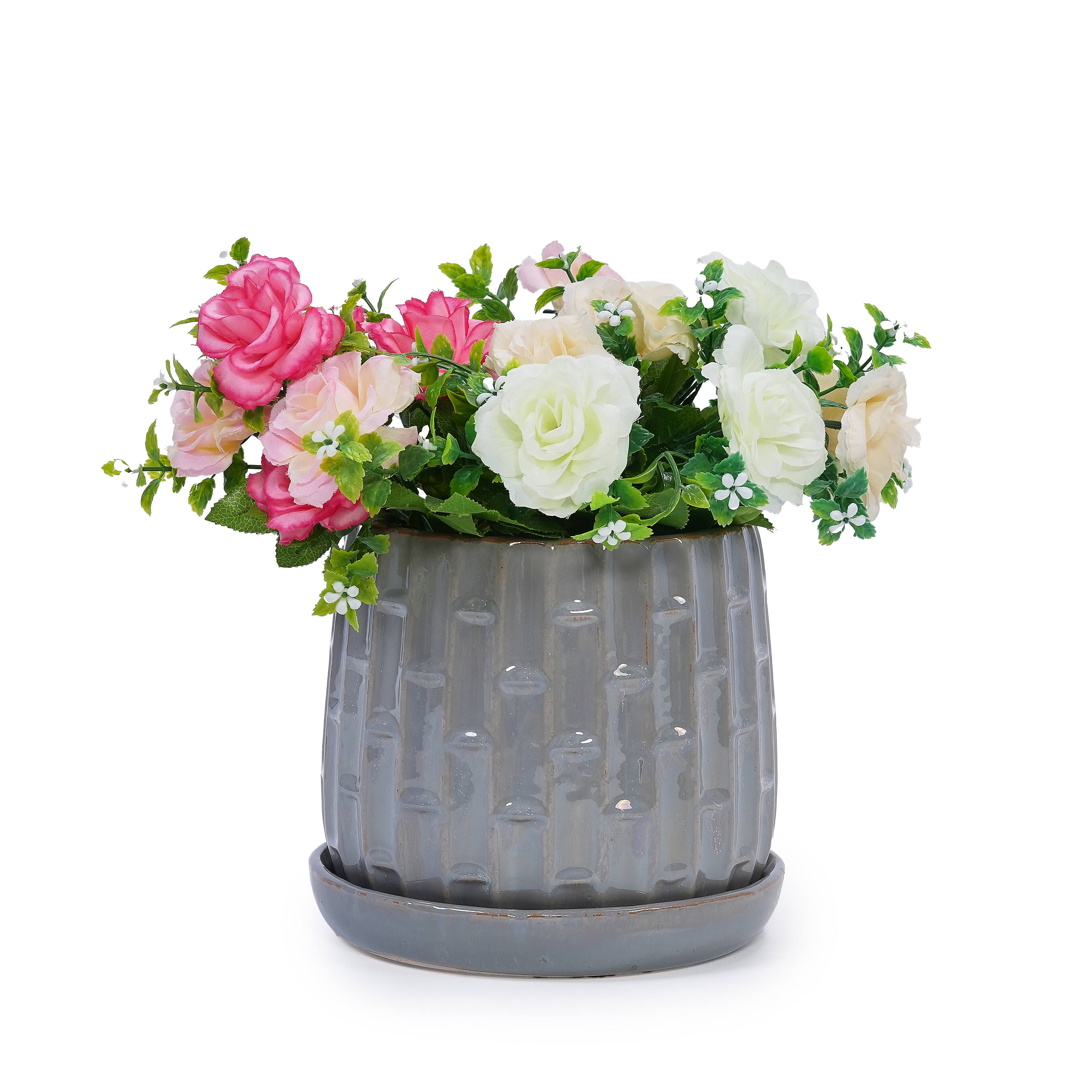 Back. Loheer - Ceramic Planter Set Loheer Handmade Gray Ribbed Clay Flower Pots with Saucers, 6in 8in Indoor Outdoor Herb Succulent.