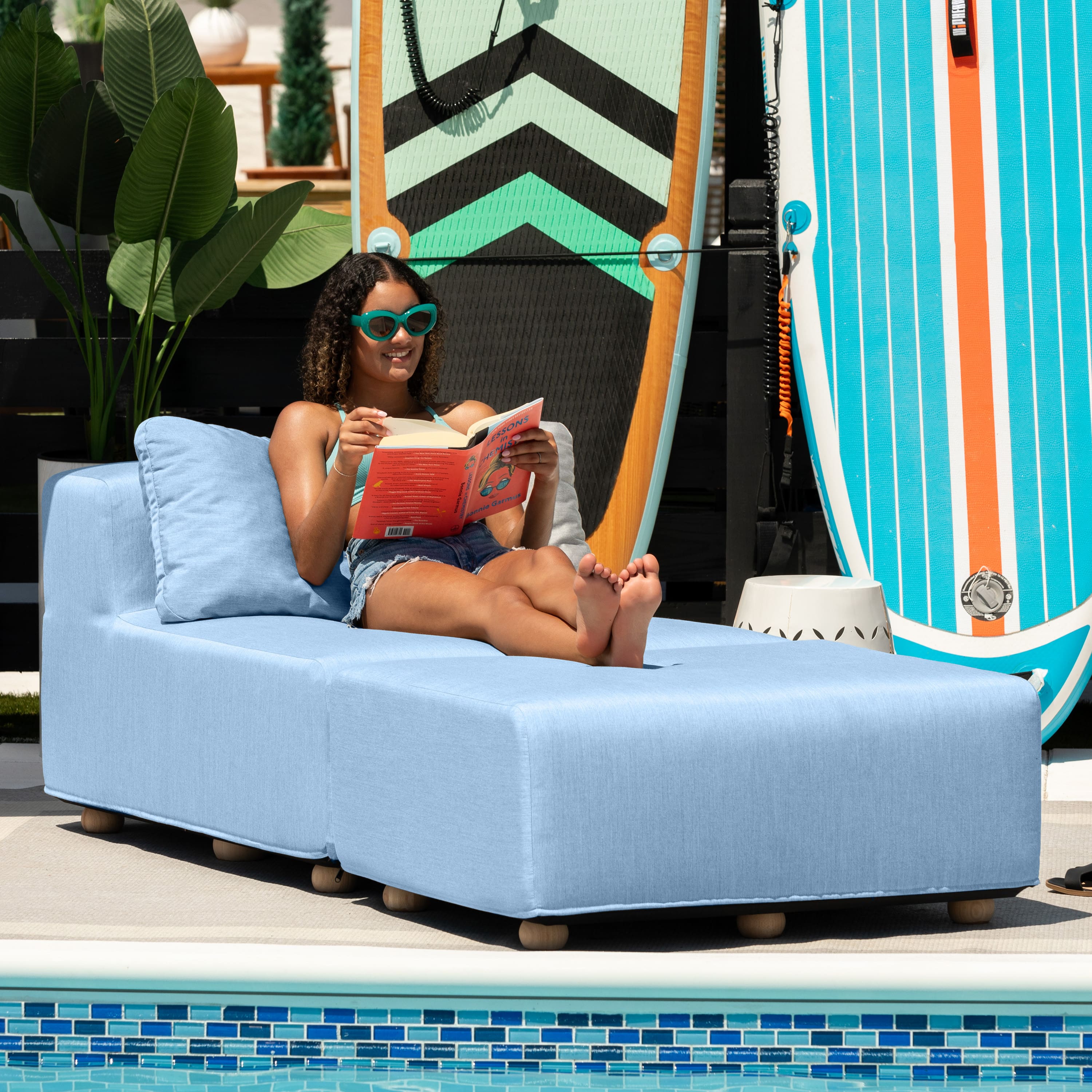 Jaxx - Vada Outdoor Sun Lounger Luxury Modular Chaise & Ottoman w/ Sunbrella & Waterproof Cover, Sunbrella - Ocean Blue