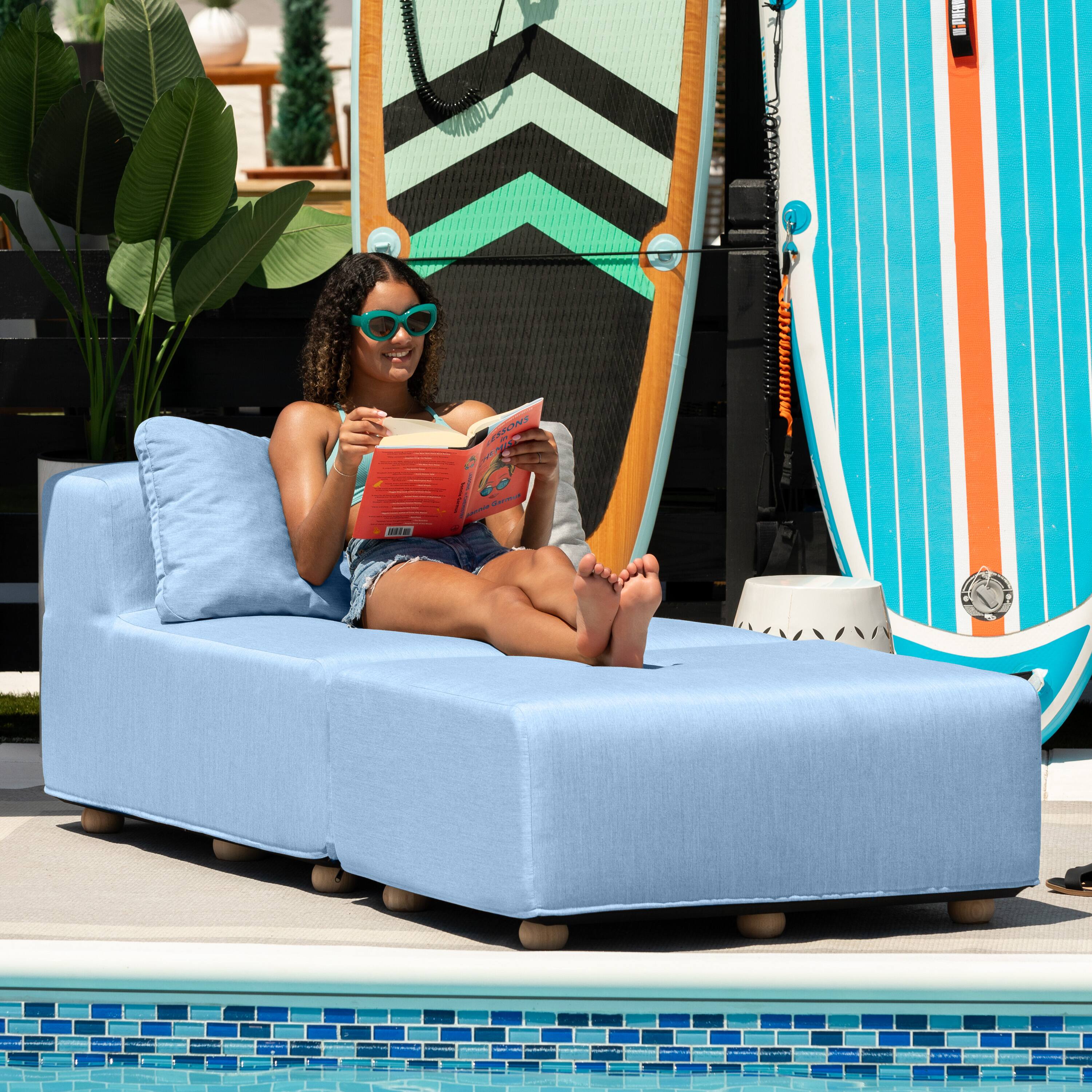 Front. Jaxx - Jaxx Vada Outdoor Sun Lounger Luxury Modular Chaise & Ottoman w/ Sunbrella & Waterproof Cover, Sunbrella Ocean Blue - Ocean Blue.