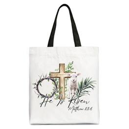 OrnamentallyYou - He Is Risen Lamb Cross Christian Easter Tote Bag, Bible Verse Matthew 28:6 Gift Shopper - White Black