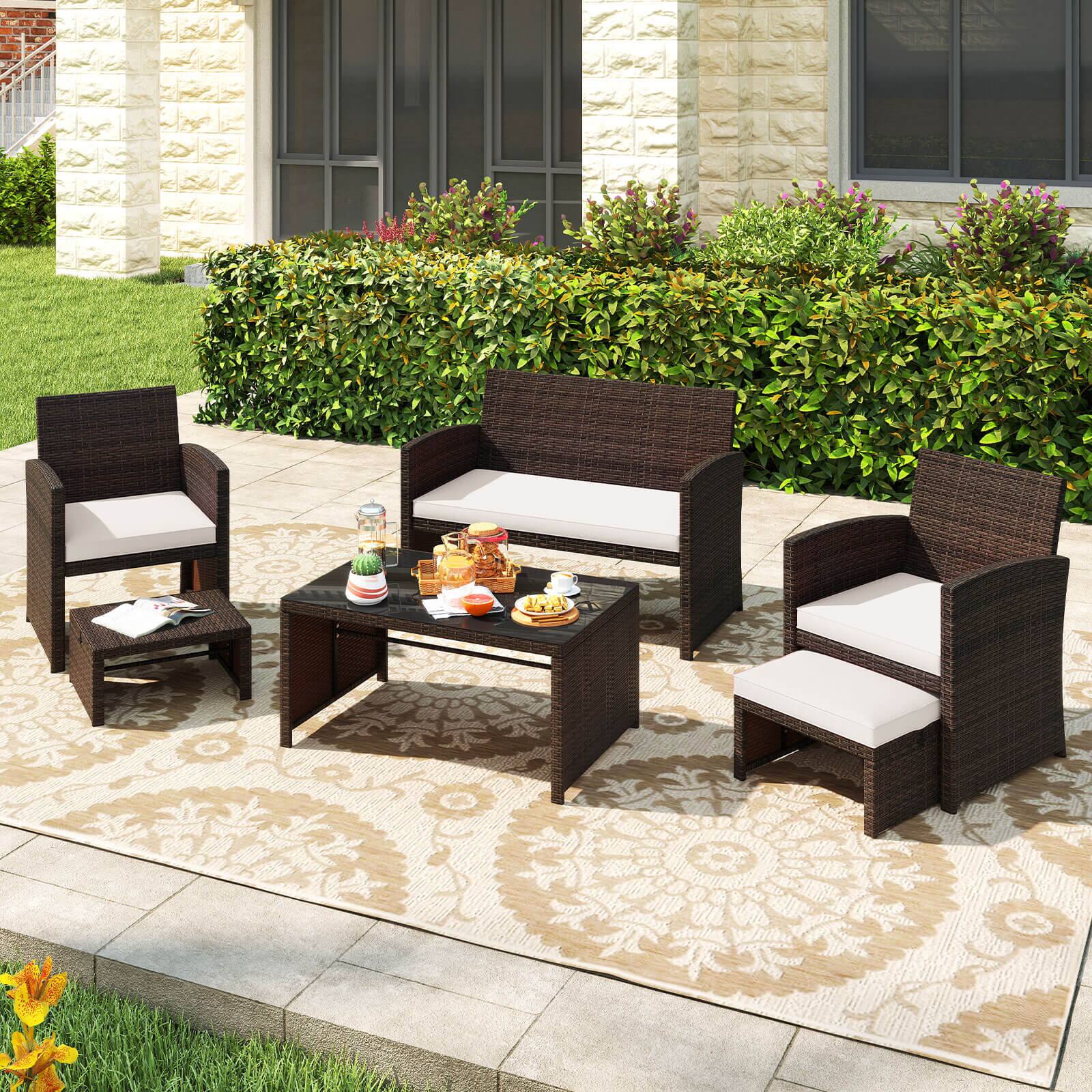 Alt View 1. Gymax - Gymax 6 PCS Patio Furniture Set w/ 1 Loveseat 1 Coffee Table 2 Armchairs 2 Ottomans White - Mix Brown, White.