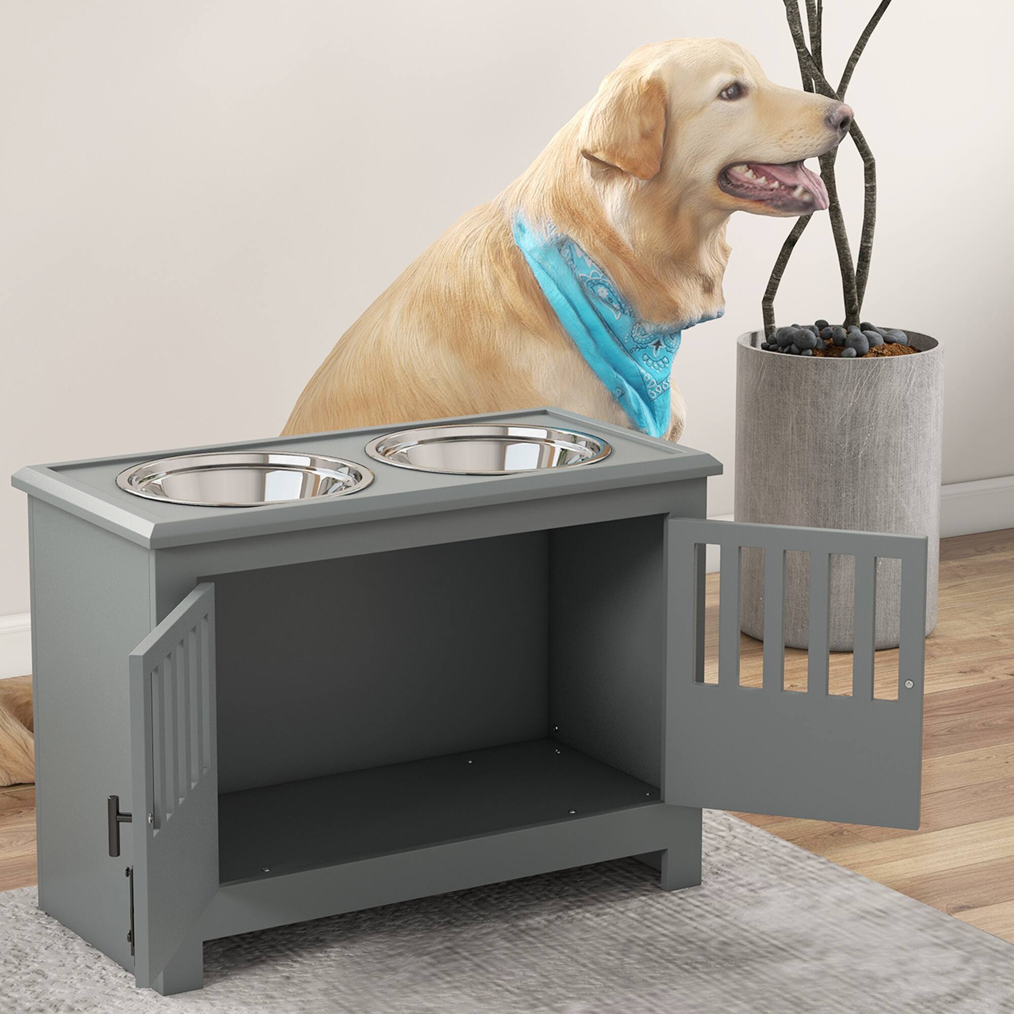 Alt View 5. Pawhut - Elevated Bowls with Storage Cabinet Containing 37L Capacity, Raised Bowl Stand, Food Bowl, Feeding Station - Gray.