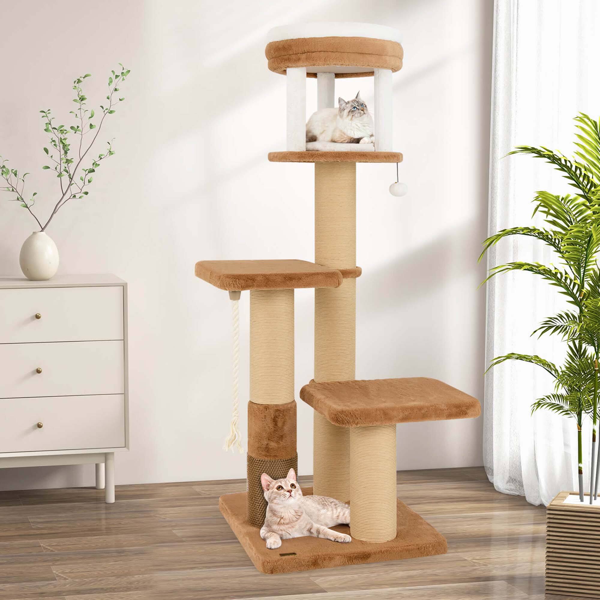 Alt View 3. Costway - Costway 65" Tall Cat Tree for Indoor with Self-groomer Padded Perch Removable Cat Bed - Caramel,White.