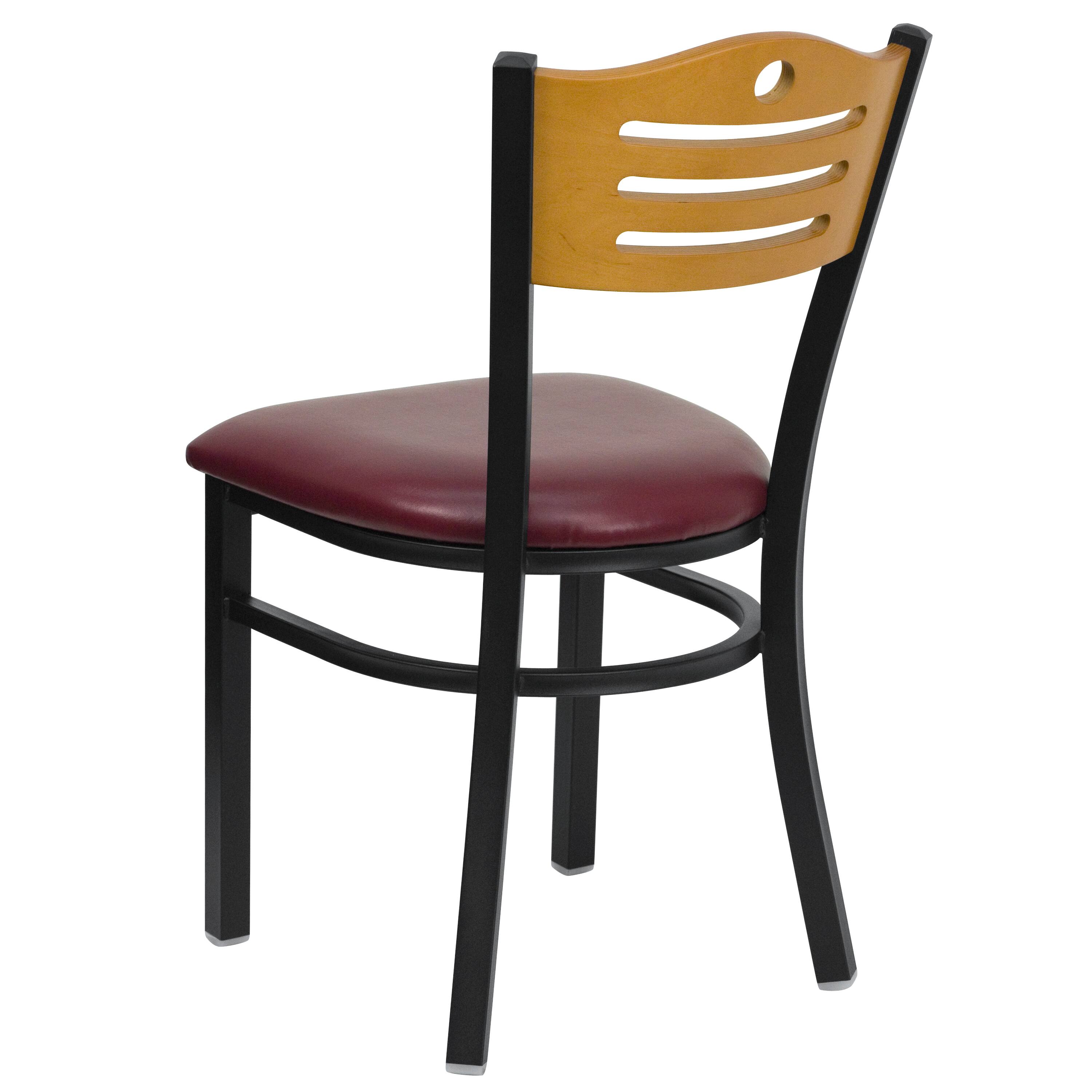 Alt View 3. Emma + Oliver - Slat Back Metal Restaurant Dining Chair - Natural Wood Back/Burgundy Vinyl Seat/Black Metal.