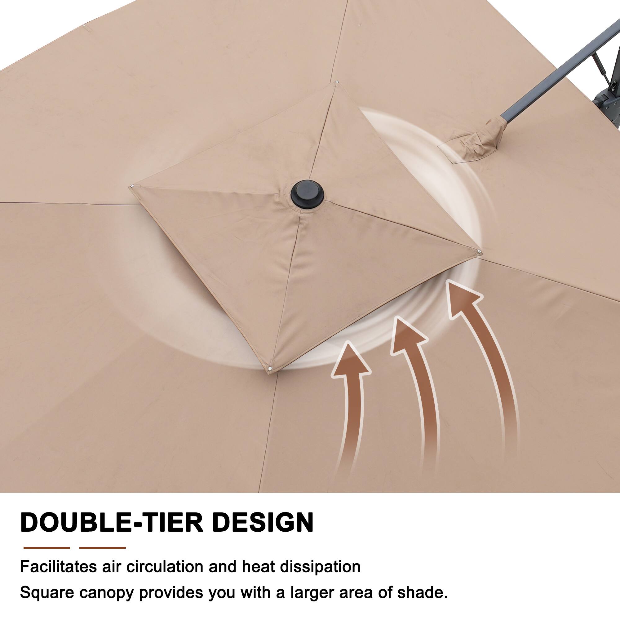 DOUBLE-TIER DESIGN  
Facilitates air circulation and heat dissipation  
Square canopy provides you with a larger area of shade.