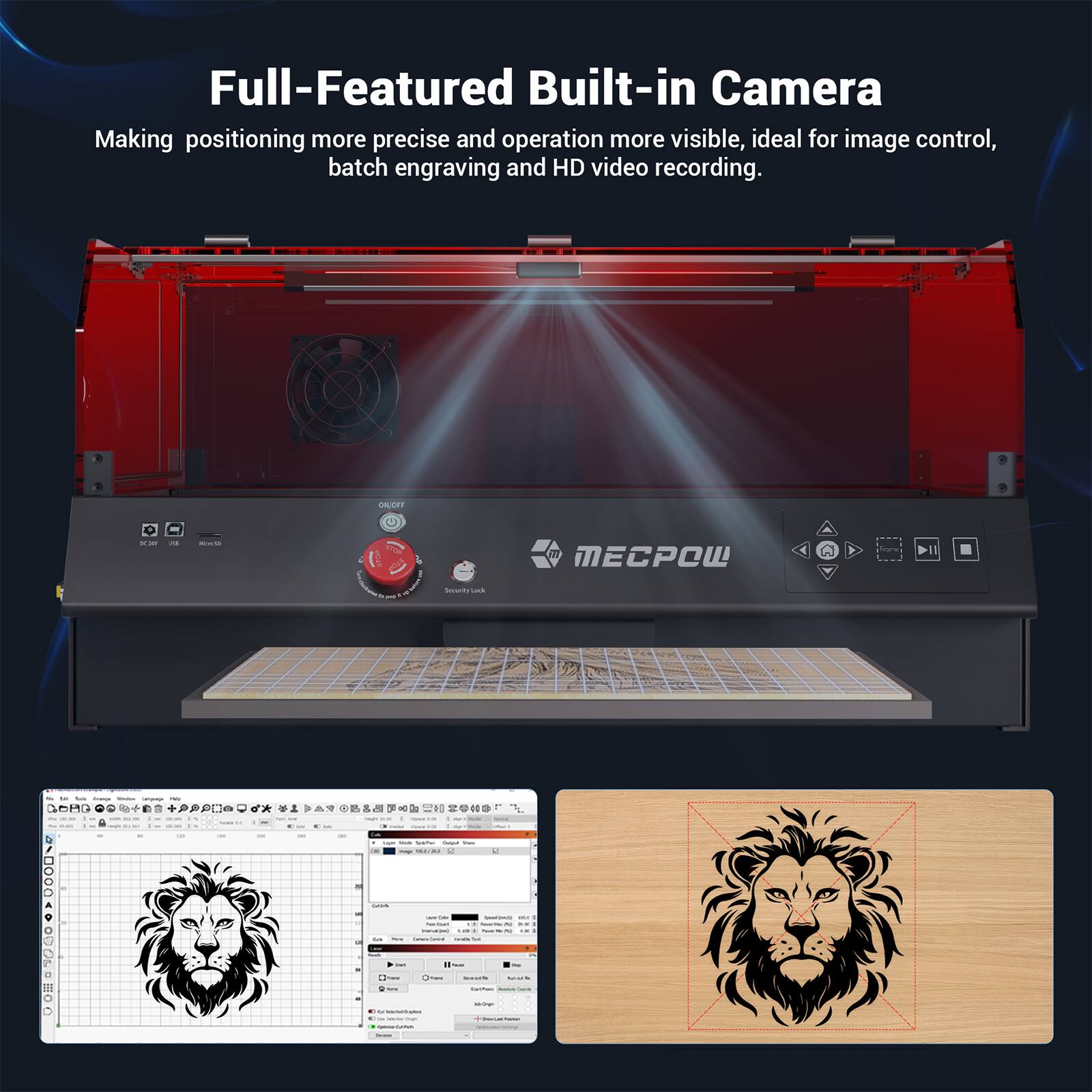 The text on the image reads: "Full-Featured Built-in Camera Making positioning more precise and operation more visible, ideal for image control, batch engraving and HD video recording."