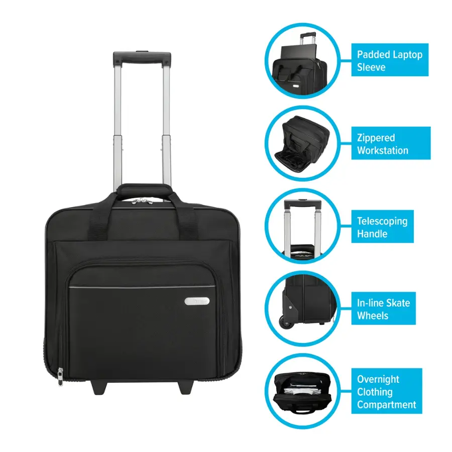 Padded Laptop Sleeve, Zippered Workstation, Telescoping Handle, In-line Skate Wheels, Overnight Clothing Compartment.