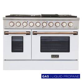 Kucht - 48 in. 6.7 cu. ft. Propane Gas Range with Sealed Burners and Two Ovens - One Convection - in White with Gold Accents - White & Gold