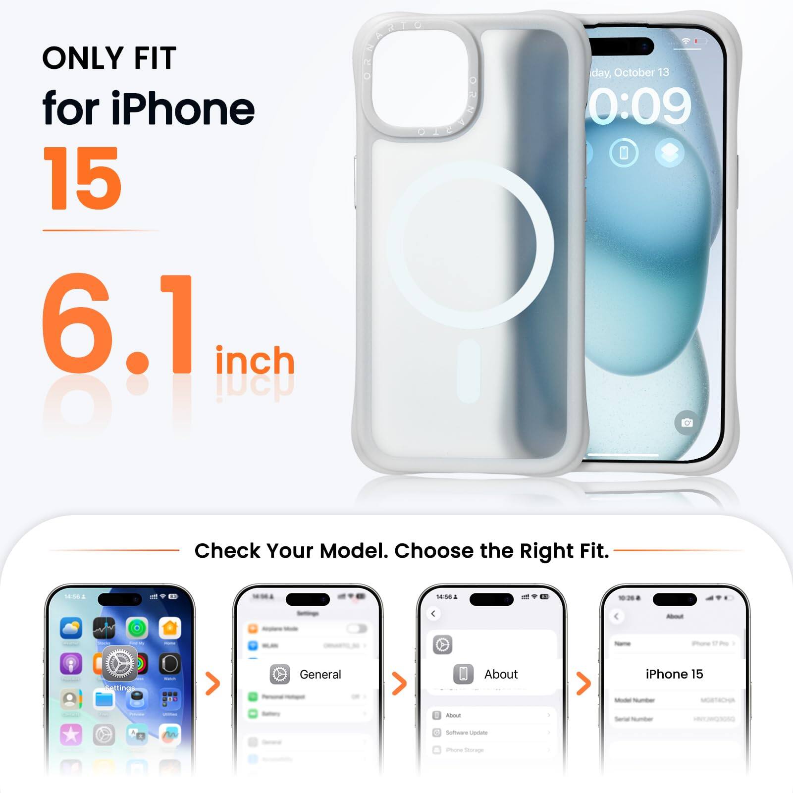 ONLY FIT for iPhone 15 6.1 inch

Check Your Model. Choose the Right Fit.

14:58 A - 4 - - - - - Pore sing - .. General About iPhone 15 snou . Software Uestate amone Sorige