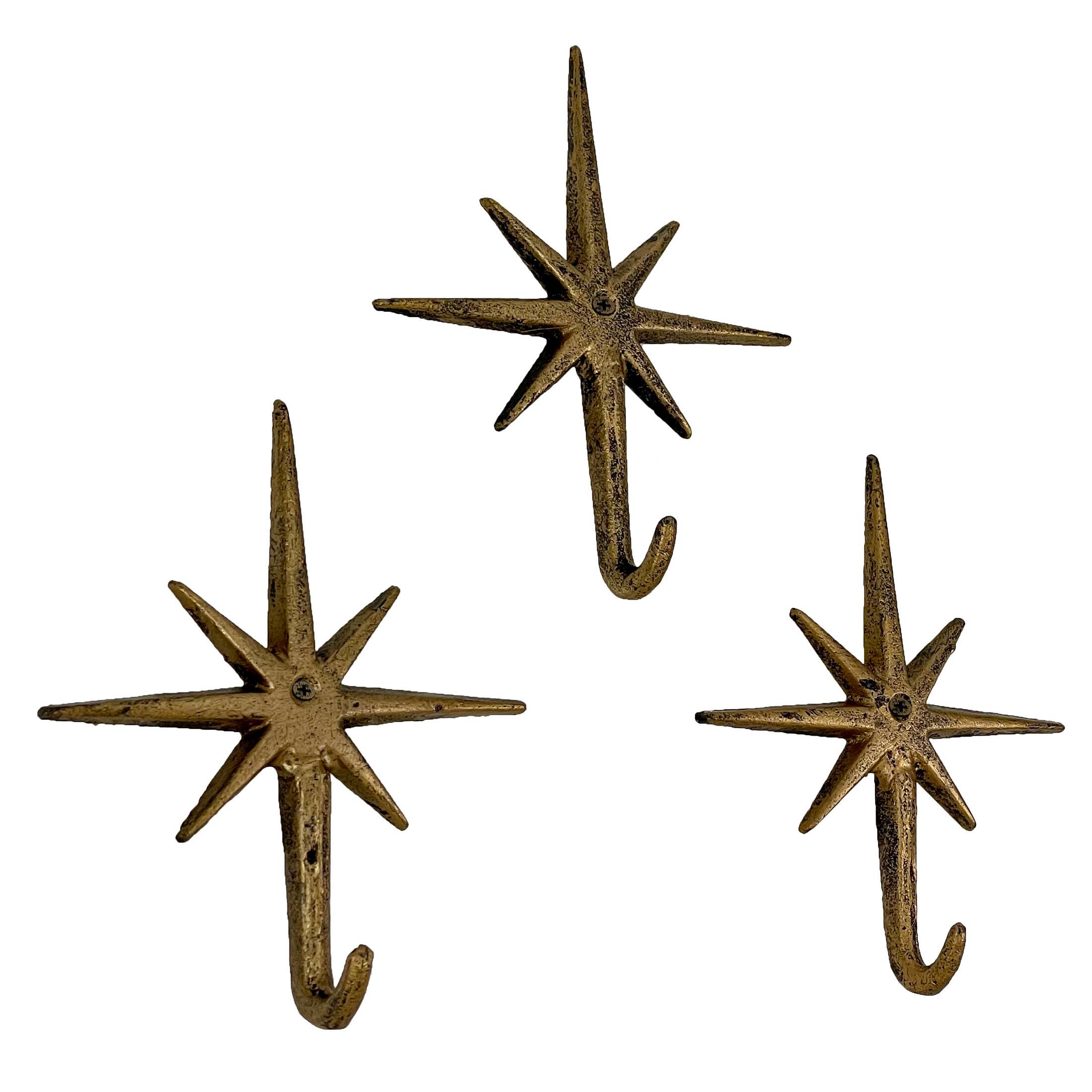 Front. Zeckos - Set of 3 Gold Finish Cast Iron Atomic Starburst Wall Hooks - Gold.