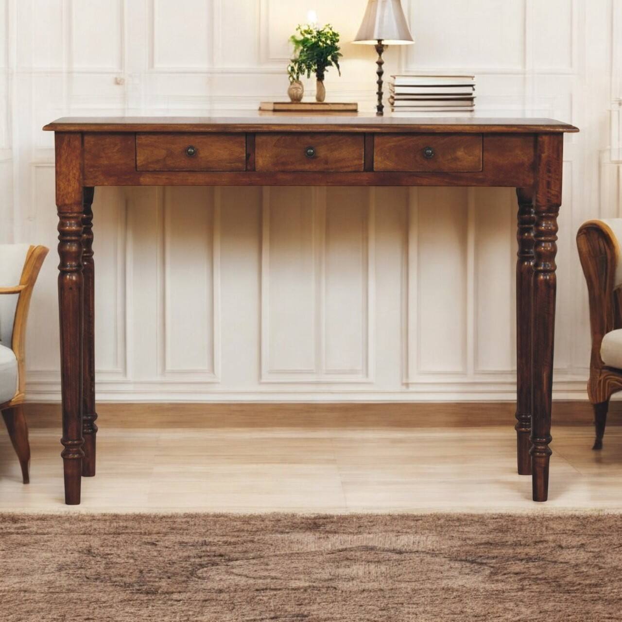Front. Artisan Furniture - Artisan Furniture Solid Wood Turned Legs 3 Drawer Chestnut Console, Brown - Brown.