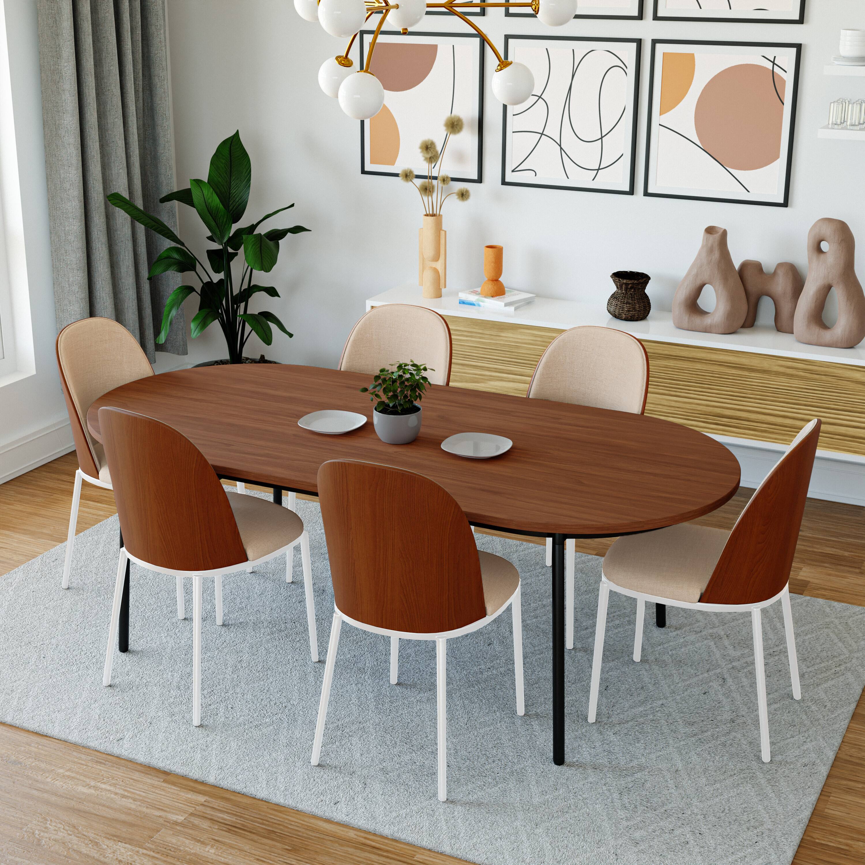 Angle. LeisureMod - Tule Vintage Mid-Century Dining Chair, Modern Fabric Upholstered Kitchen Side Chair with Protective Floor Glides - Walnut/Light Brown.