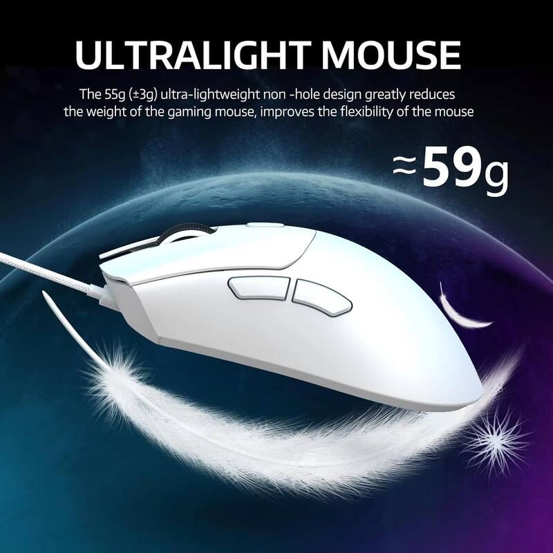 ULTRALIGHT MOUSE

The 55g (±3g) ultra-lightweight non-hole design greatly reduces the weight of the gaming mouse, improves the flexibility of the mouse

≈ 59g