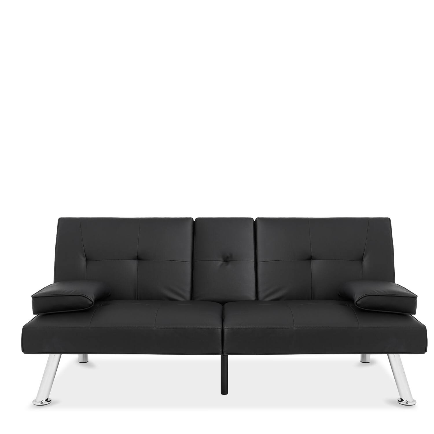 Left. Hivvago - Black Faux Leather Convertible Sofa Futon with 2 Cup Holders - Black.