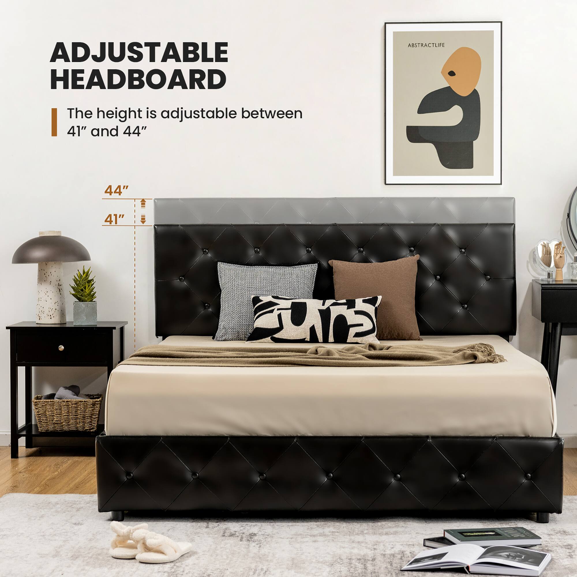 Alt View 5. Costway - Costway Full Upholstered Platform Bed w/ 4 Drawers PU Leather Button Tufted Headboard - Black.