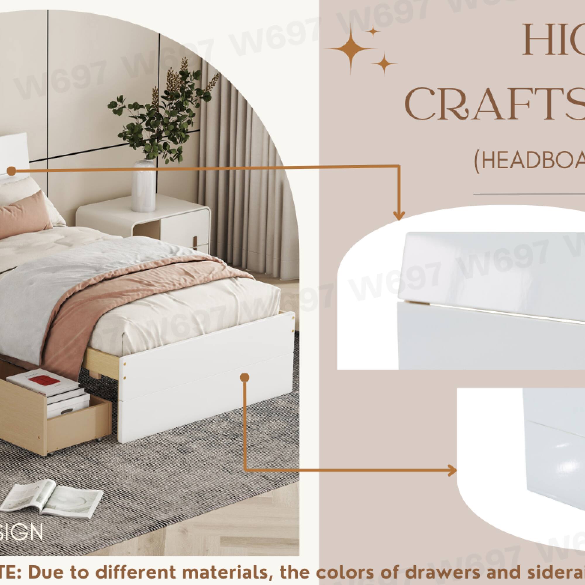 Sure, here is the corrected and grouped text:

---

**HIGH CRAFTS (HEADBOARD)**

**NOTE:** Due to different materials, the colors of drawers and sidera...

---

The text appears to be part of a product description or advertisement for a headboard from a brand called "HIGH CRAFTS." The note at the bottom likely continues to explain variations in color due to different materials used.