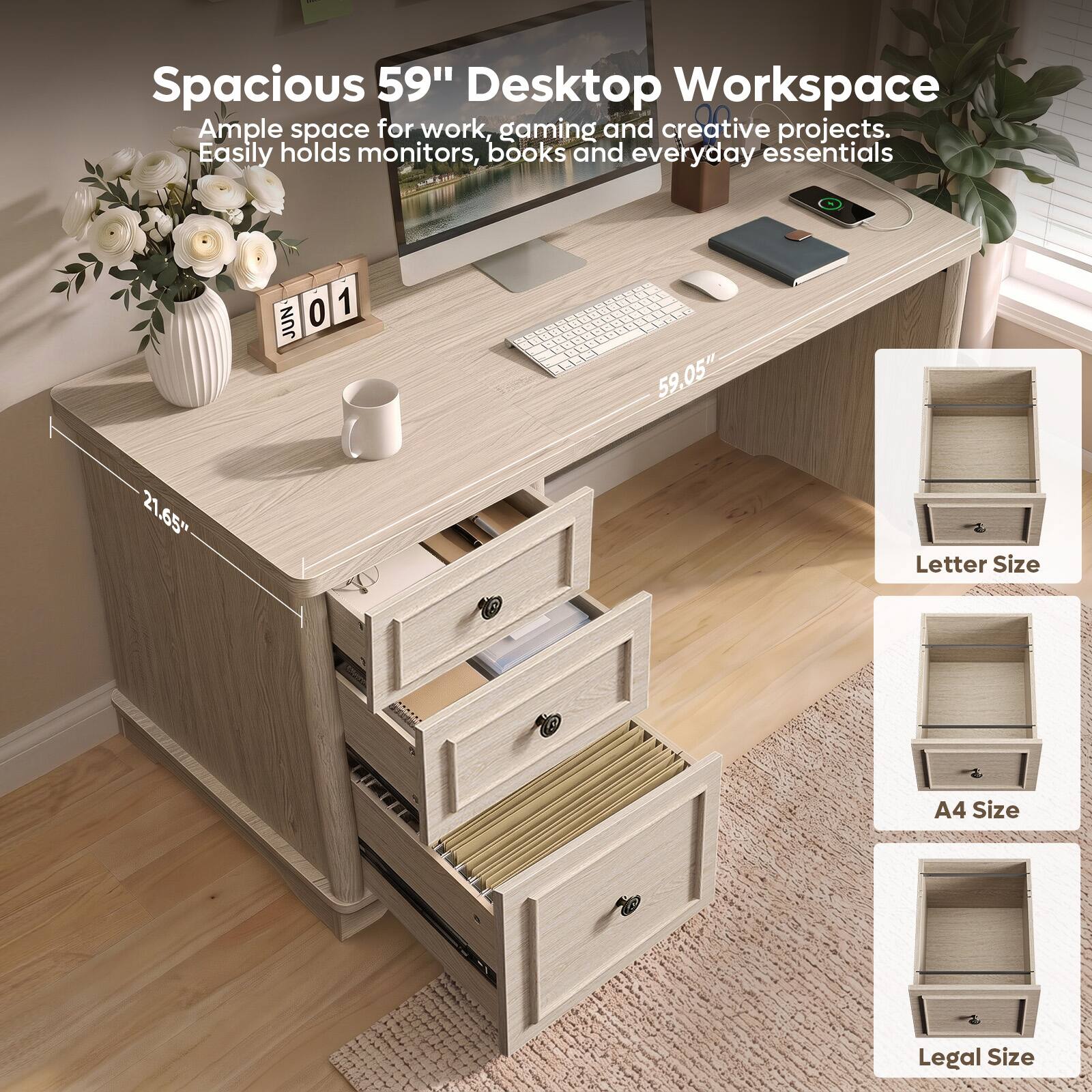 Spacious 59" Desktop Workspace  
Ample space for work, gaming and creative projects. Easily holds monitors, books and everyday essentials.

21.65"  
JUN 01  
59.05"  

Letter Size  
A4 Size  
Legal Size