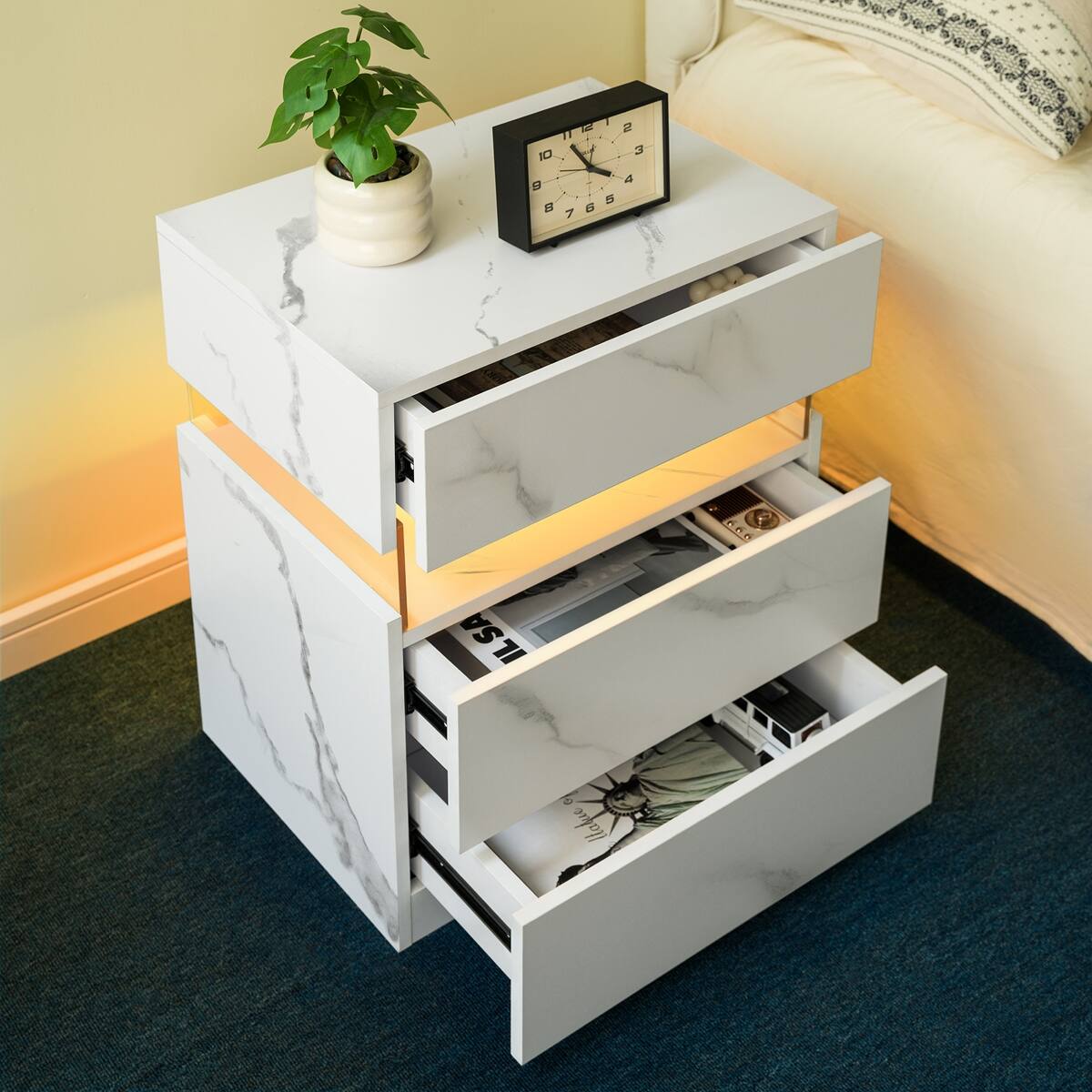 Loheer 3 Drawer LED Nightstand, Modern Bedroom Bedside Table with RGB ...