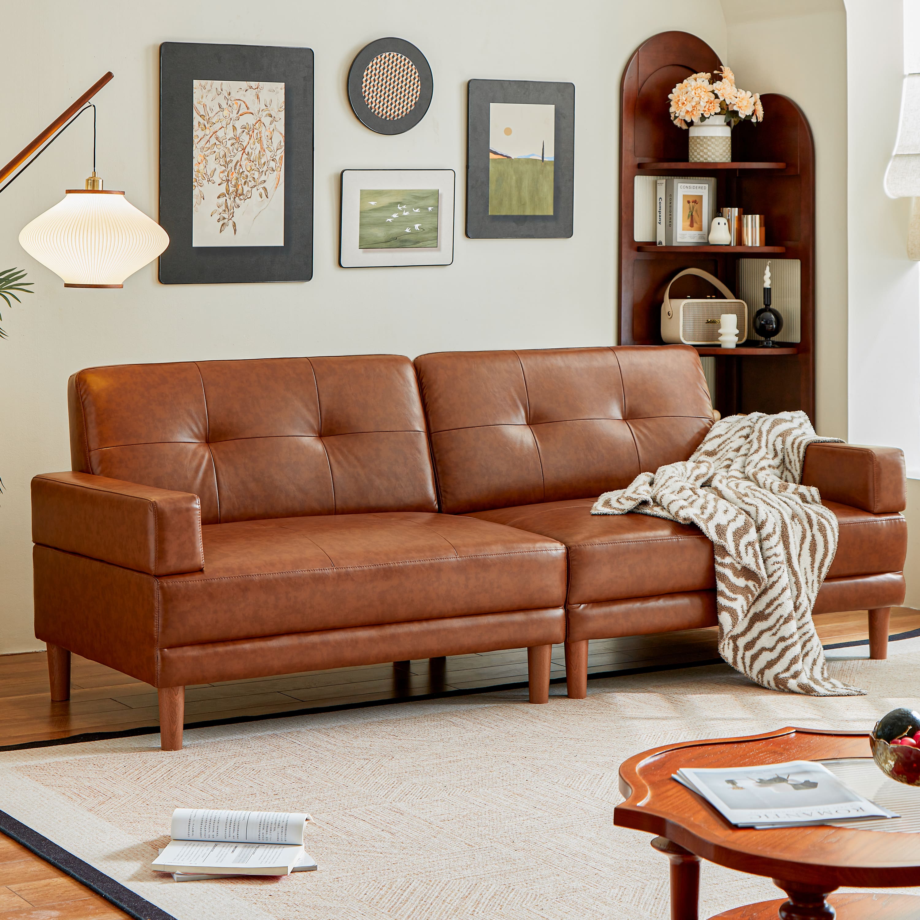 MSOOB - 94.5" Mid-Century Modern Faux Waxed Leather Sofa, 3-Seater Living Room Leather Couch with Square Arms and Tufted Back - Brown