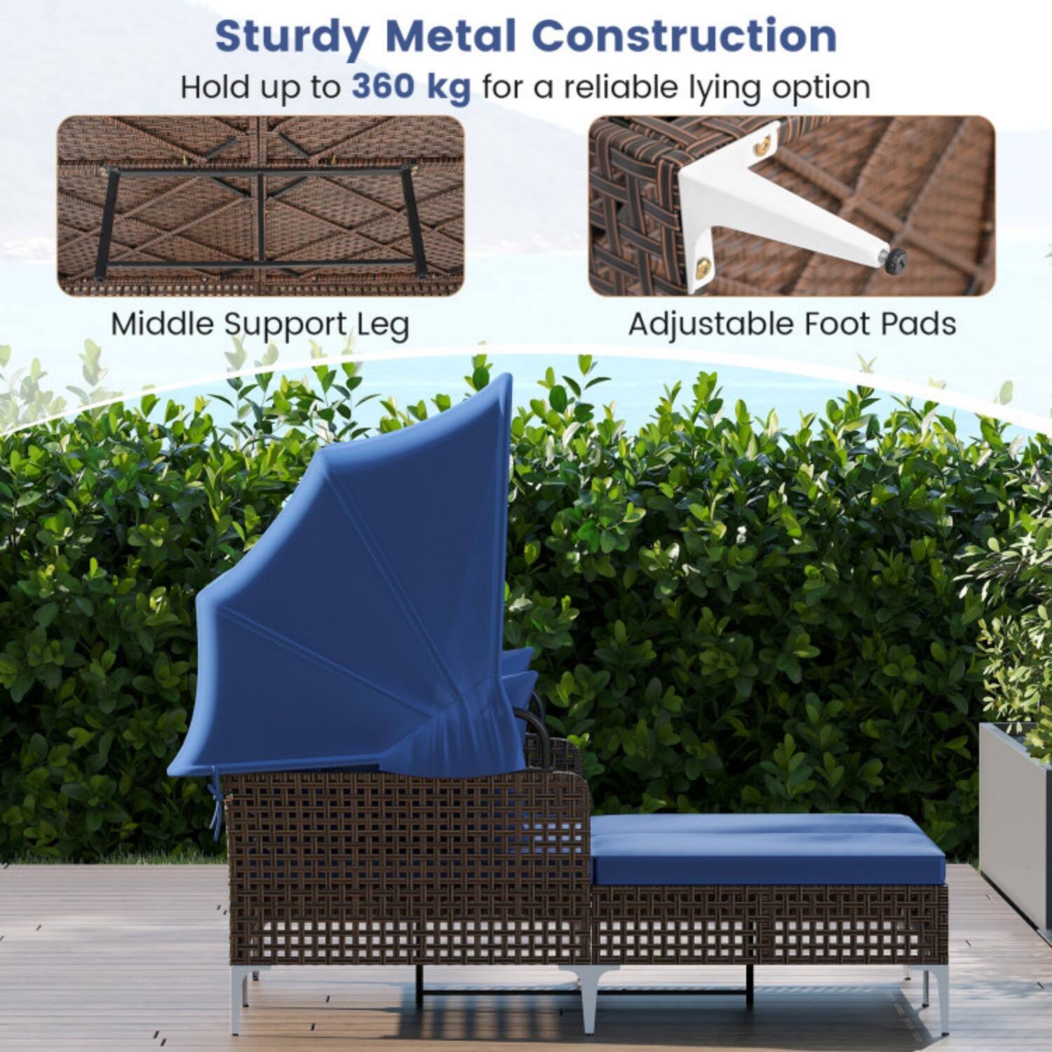 Sturdy Metal Construction  
Hold up to 360 kg for a reliable lying option  

Middle Support Leg  
Adjustable Foot Pads