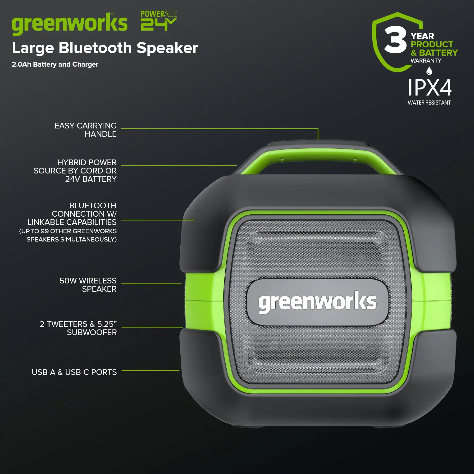 **POWERALL 24V**

**greenworks**

**Large Bluetooth Speaker**

- **2.0Ah Battery and Charger**
- **3 Year Product & Battery Warranty**
- **IPX4 Water Resistant**
- **Easy Carrying Handle**
- **Hybrid Power Source by Cord or 24V Battery**
- **Bluetooth Connection with Linkable Capabilities (Up to 99 Other Greenworks Speakers Simultaneously)**
- **50W Wireless Speaker**
- **2 Tweeters & 5.25" Subwoofer**
- **USB-A & USB-C Ports**
