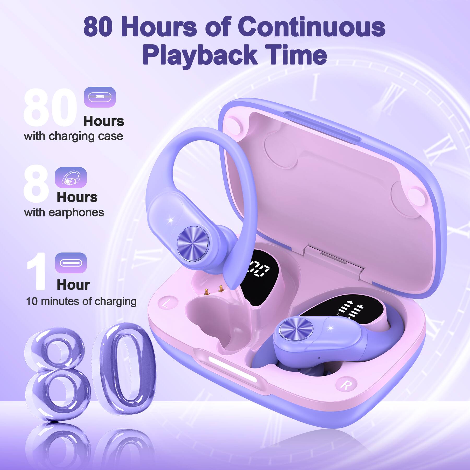 80 Hours of Continuous Playback Time  
80 Hours with charging case  
8 Hours with earphones  
1 Hour 10 minutes of charging
