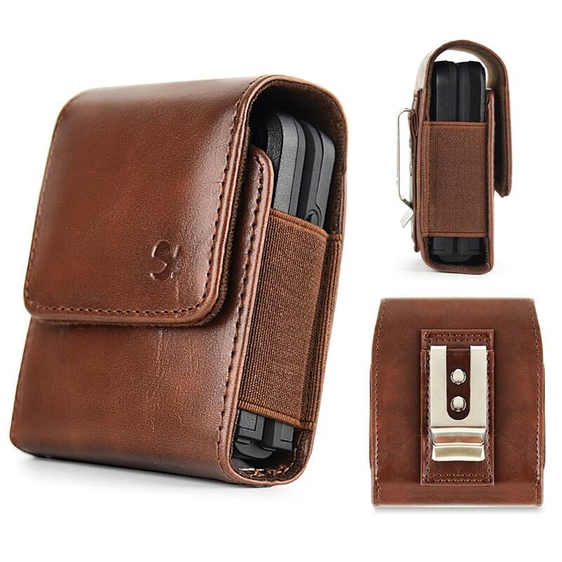 Front. LUXMO - LUXMO Extra Small Universal Vertical Leather Phone Holster - Brown - Brown.