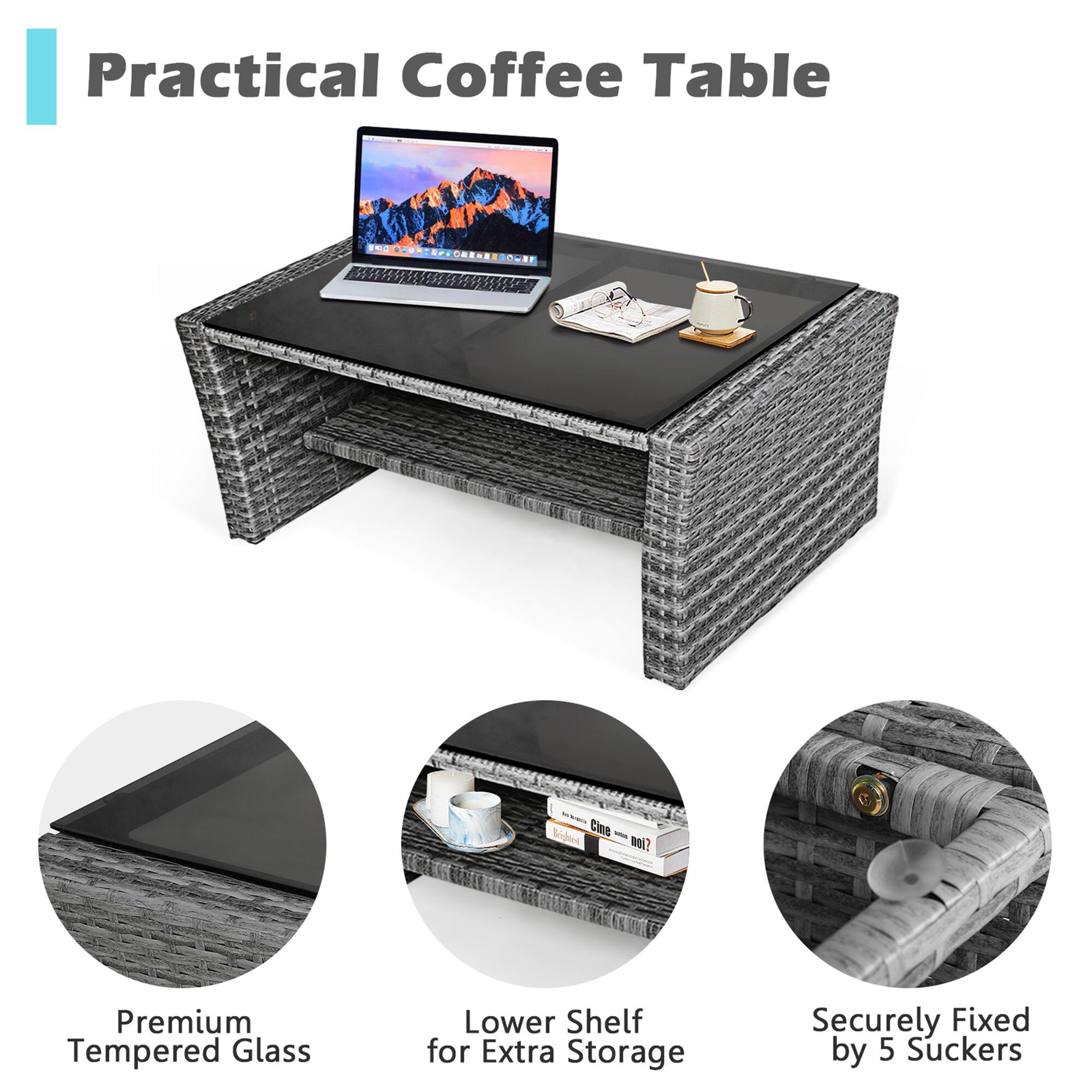 Practical Coffee Table

- Premium Tempered Glass
- Lower Shelf for Extra Storage
- Securely Fixed by 5 Suckers