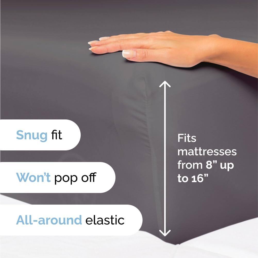 Snug fit  
Won't pop off  
Fits mattresses from 8" up to 16"  
All-around elastic