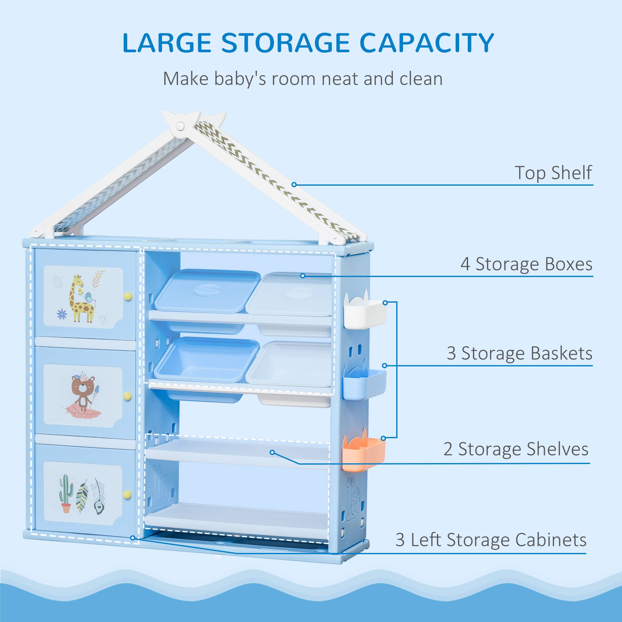 LARGE STORAGE CAPACITY  
Make baby's room neat and clean  

- Top Shelf  
- 4 Storage Boxes  
- 3 Storage Baskets  
- 2 Storage Shelves  
- 3 Left Storage Cabinets