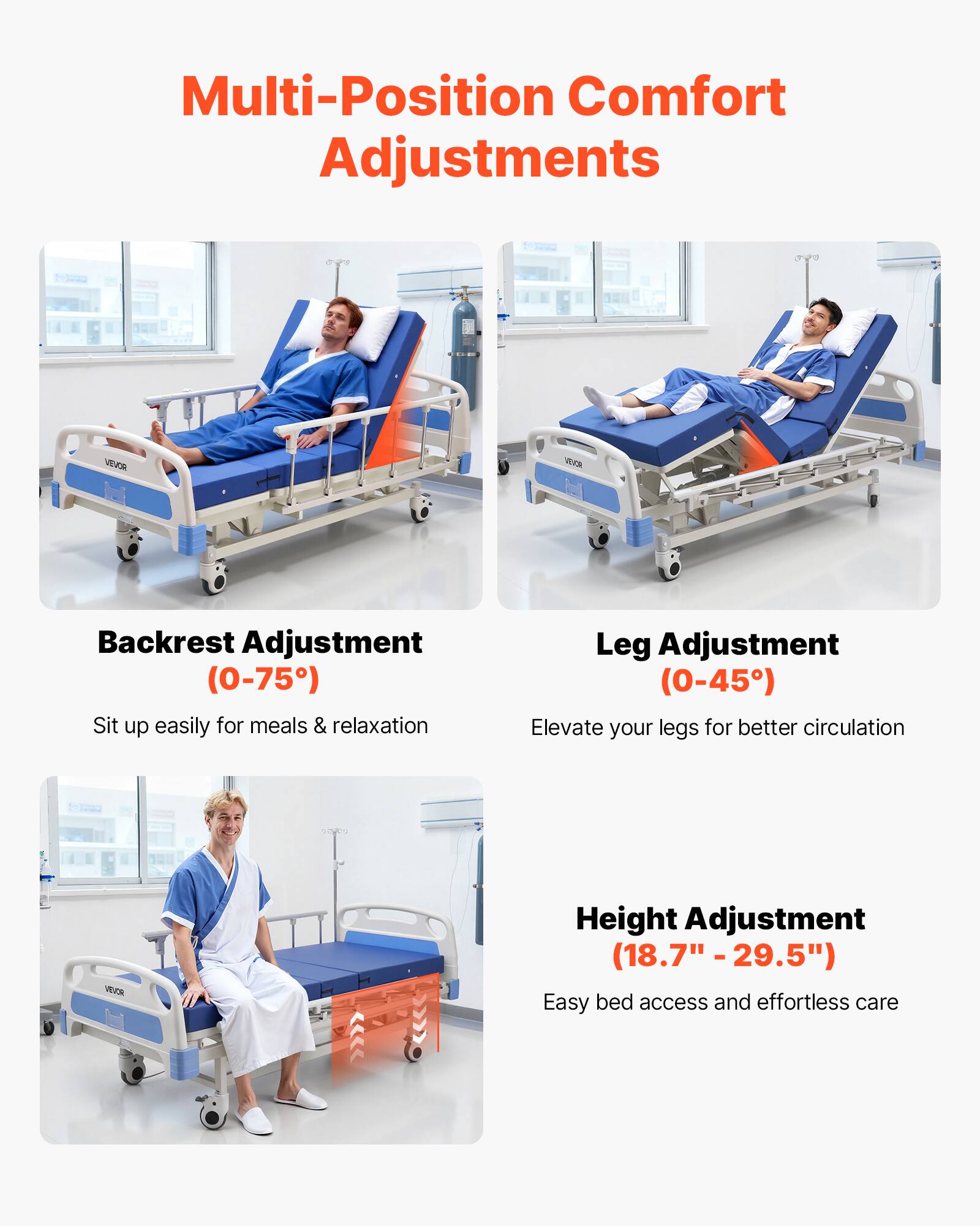 Multi-Position Comfort Adjustments

- Backrest Adjustment (0-75°)
  - Sit up easily for meals & relaxation

- Leg Adjustment (0-45°)
  - Elevate your legs for better circulation

- Height Adjustment (18.7" - 29.5")
  - Easy bed access and effortless care