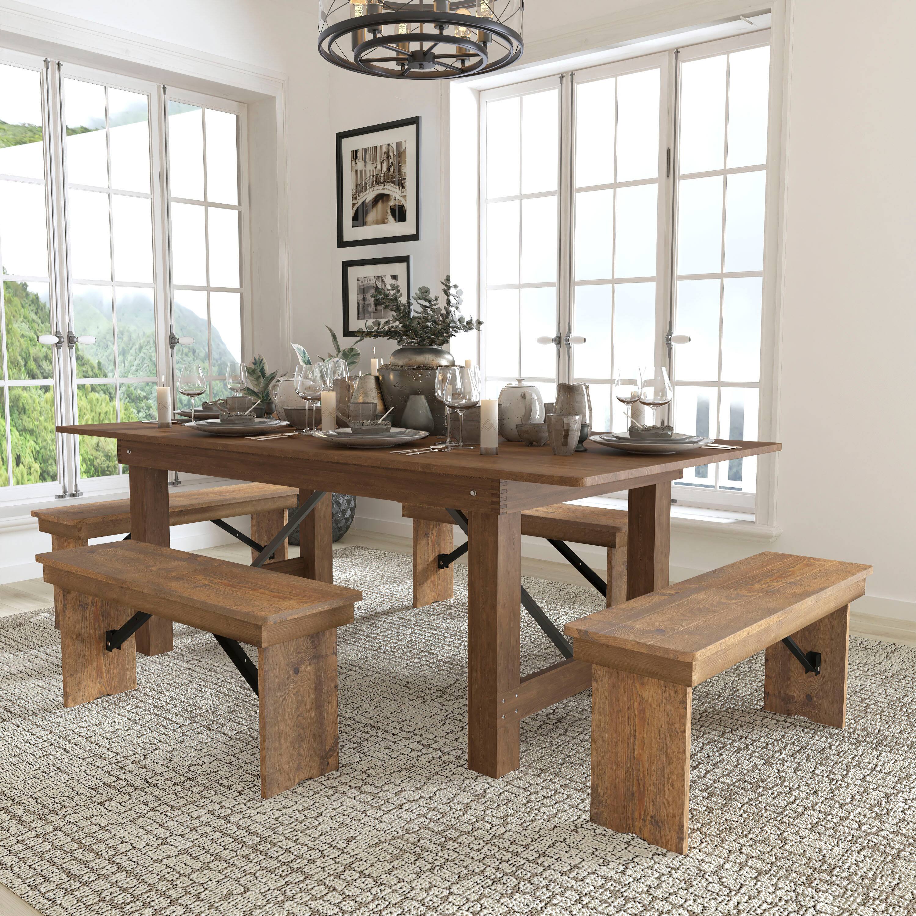 Angle. Flash Furniture - HERCULES Series 7' x 40'' Antique Rustic Folding Farm Table and Four Bench Set - Brown.