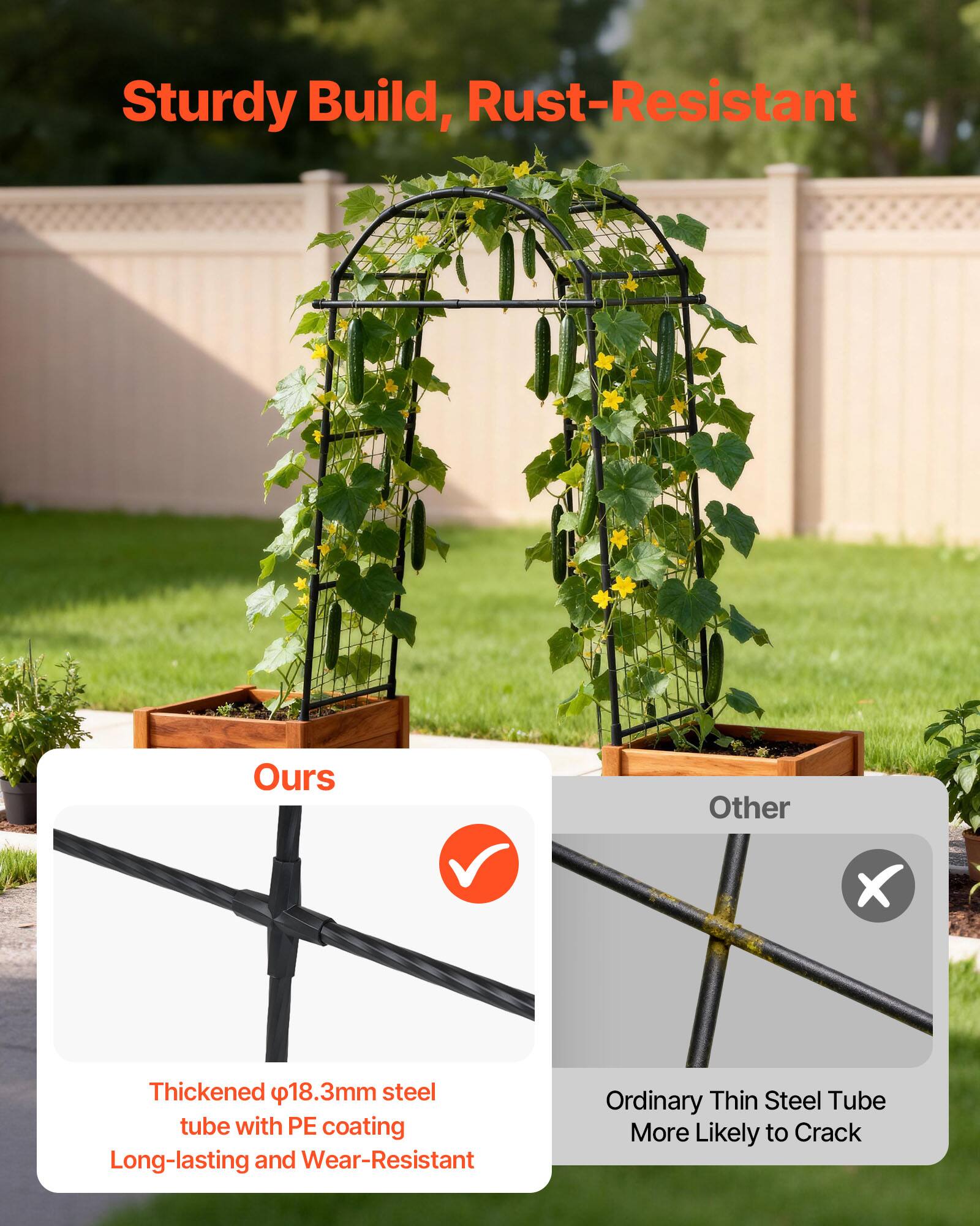 Sturdy Build, Rust-Resistant

Ours
- Thickened 18.3mm steel tube with PE coating
- Long-lasting and Wear-Resistant

Other
- Ordinary Thin Steel Tube
- More Likely to Crack