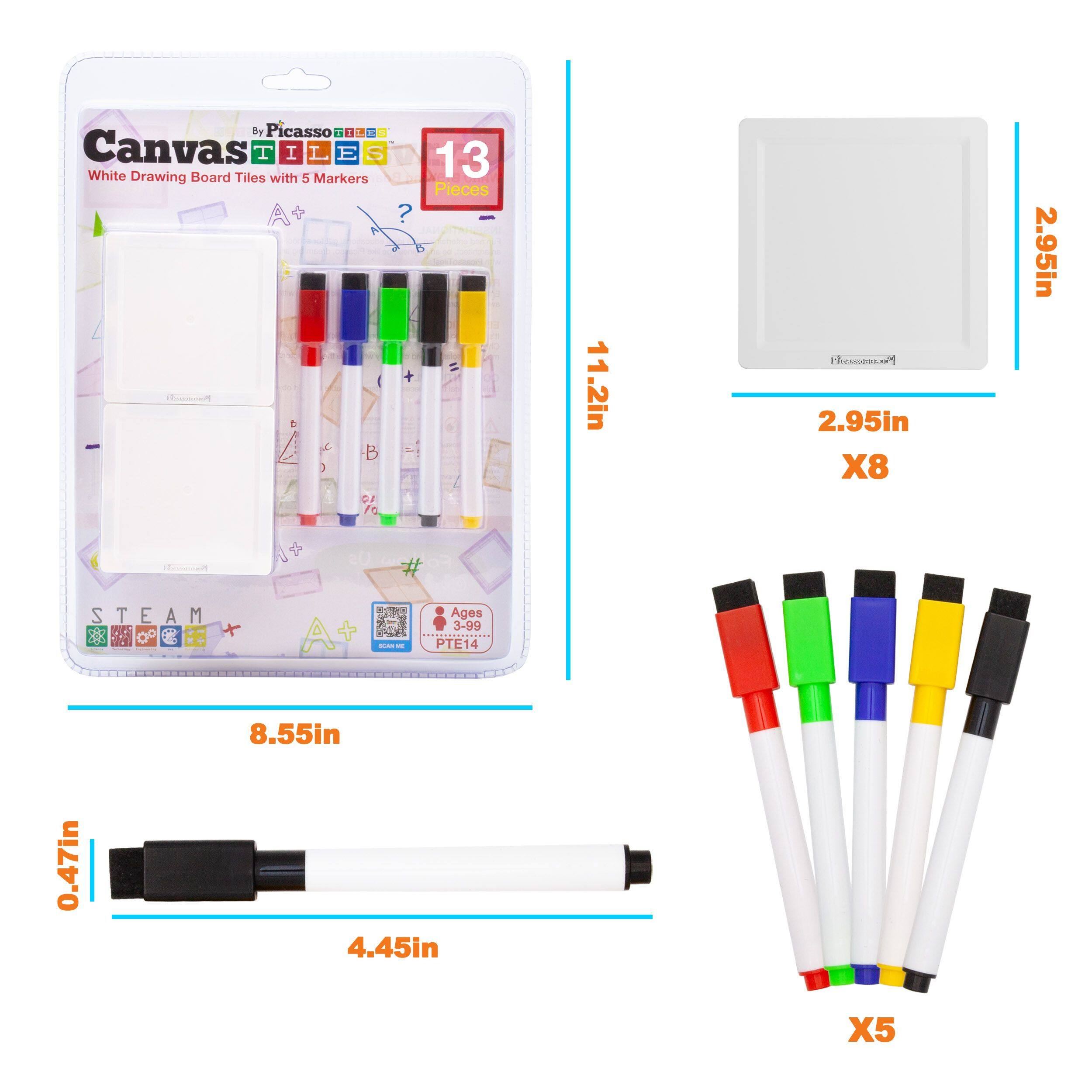 by Picasso Canvas T I L E S White Drawing Board Tiles with 5 Markers A i B OF PG ? + 13 Pieces = 11 11.2in d 2.95in X8 2.95in 4 STEAM M  8 S + A -. - Ages 3-99 ............. PTE14 8.55in 0.47in 4.45in X5
