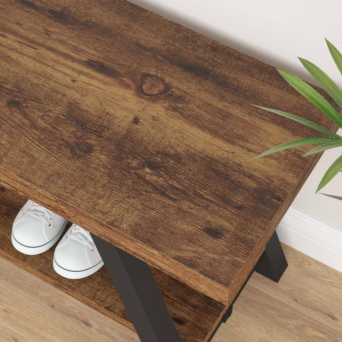 Alt View 1. JETRANSPORT - Wood Bench Industrial Storage Entryway Indoor For Bedroom Hallway Living Room Rustic Famhouse Wooden Metal - Light Grey Oak.